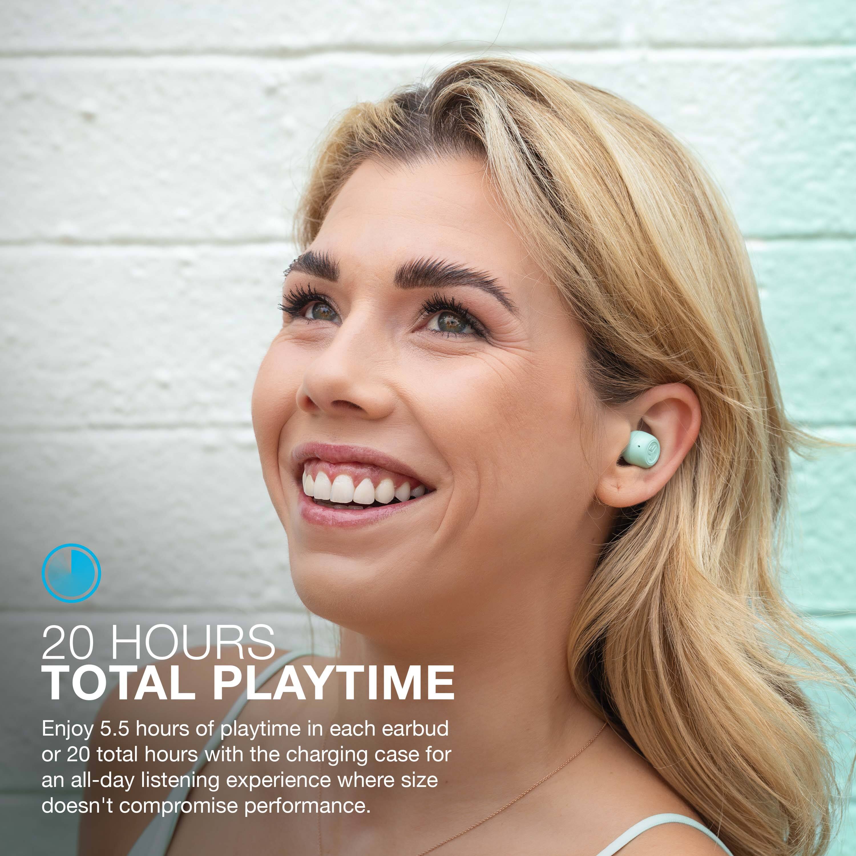 20 HOURS TOTAL PLAYTIME: Enjoy 5.5 hours of playtime in each earbud or 20 total hours with the charging case for an all-day listening experience where size doesn't compromise performance.