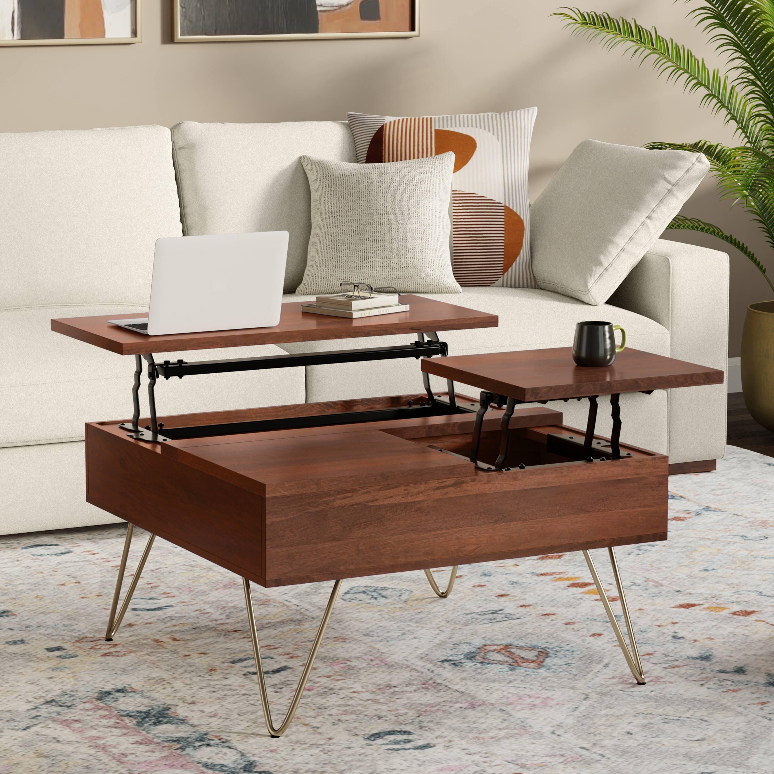 Angle. Simpli Home - Hunter 32 inch Wide Solid Mango Wood Lift Top Square Coffee Table in Umber Brown, Gold - Umber Brown, Gold.