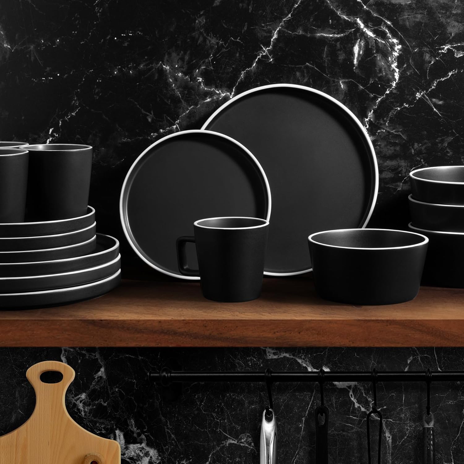 Alt View 1. Zulay Kitchen - Zulay Kitchen Terra Stoneware 16-Piece Dinnerware Set, Artisanal Ceramic Plates and Bowls Set Crafted at 2300℉ - Black.