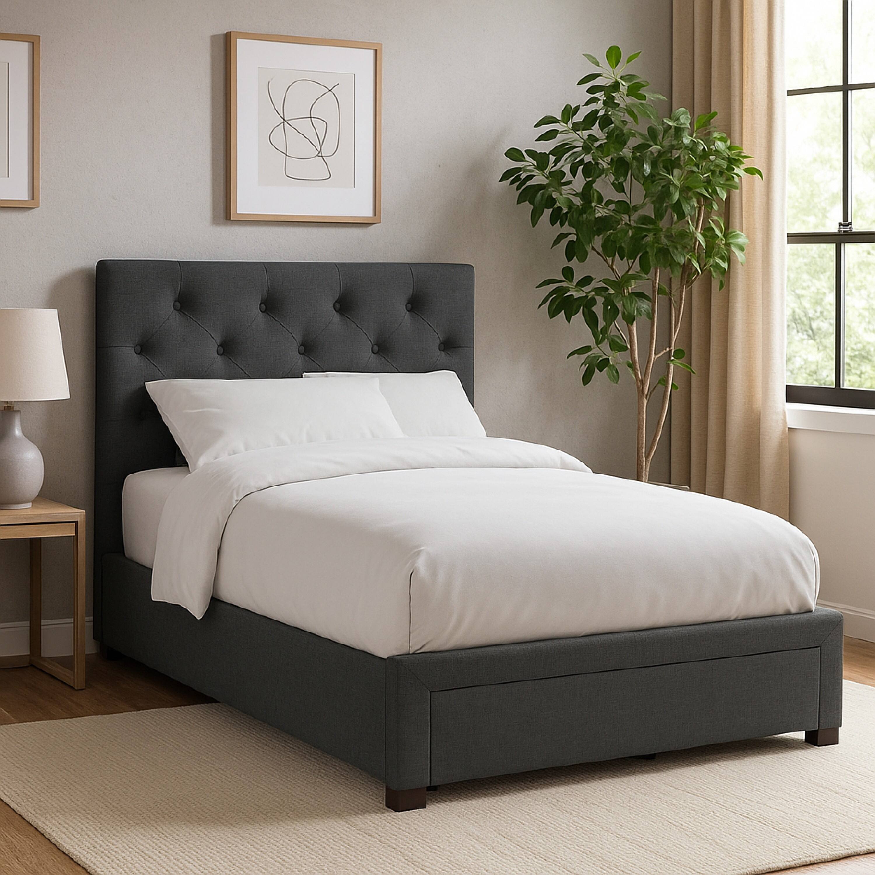 Alt View 2. Manhattan Lane - Sya Full Size Bed w Tufted Headboard, Underbed Storage - Dark Gray.