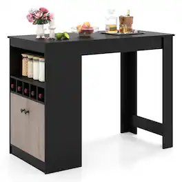 Gymax - 48'' Bar Table w/ Storage Cabinet & Wine Rack Adjustable Shelf Wine Rack - Black
