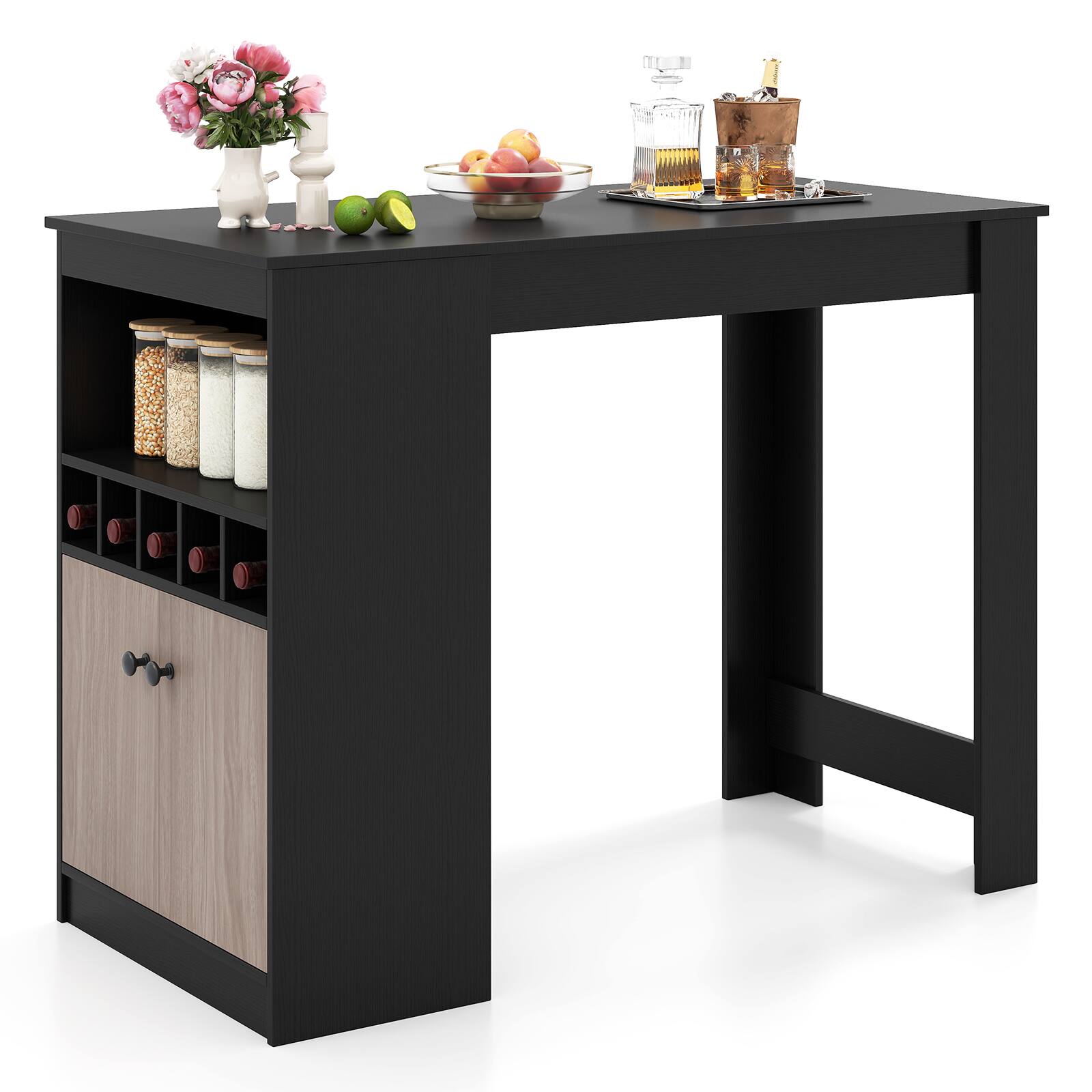 Front. Gymax - Gymax 48'' Bar Table w/ Storage Cabinet & Wine Rack Adjustable Shelf Wine Rack - Black.