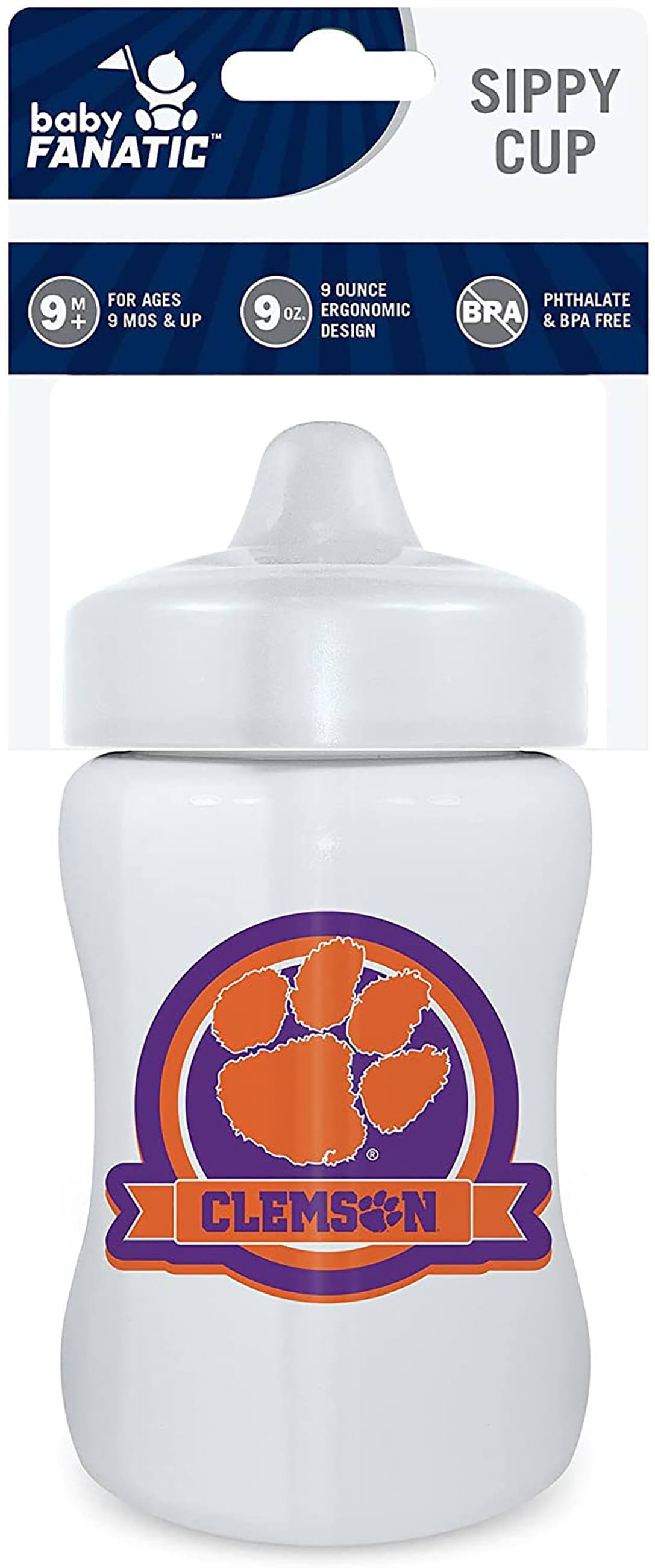 baby FANATIC SIPPY CUP  
M 9+ FOR AGES 9 MOS & UP  
9 OZ. ERGONOMIC DESIGN  
PHTHALATE & BPA FREE  
CLEMSON