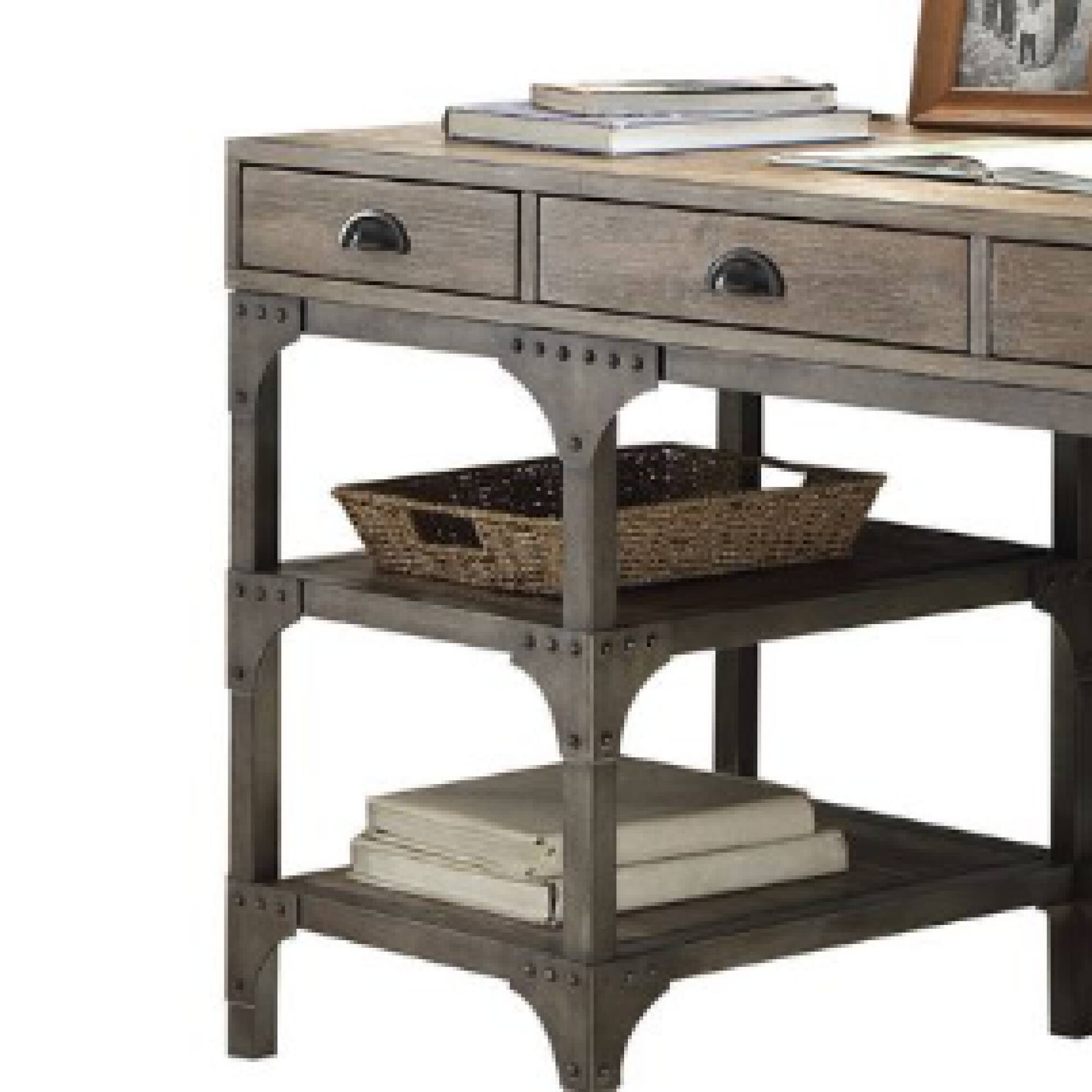 Left. GOODSILO - Weathered Oak Finish Antique Silver Metal Writing Desk with Three Drawers and Open Shelves - Oak.