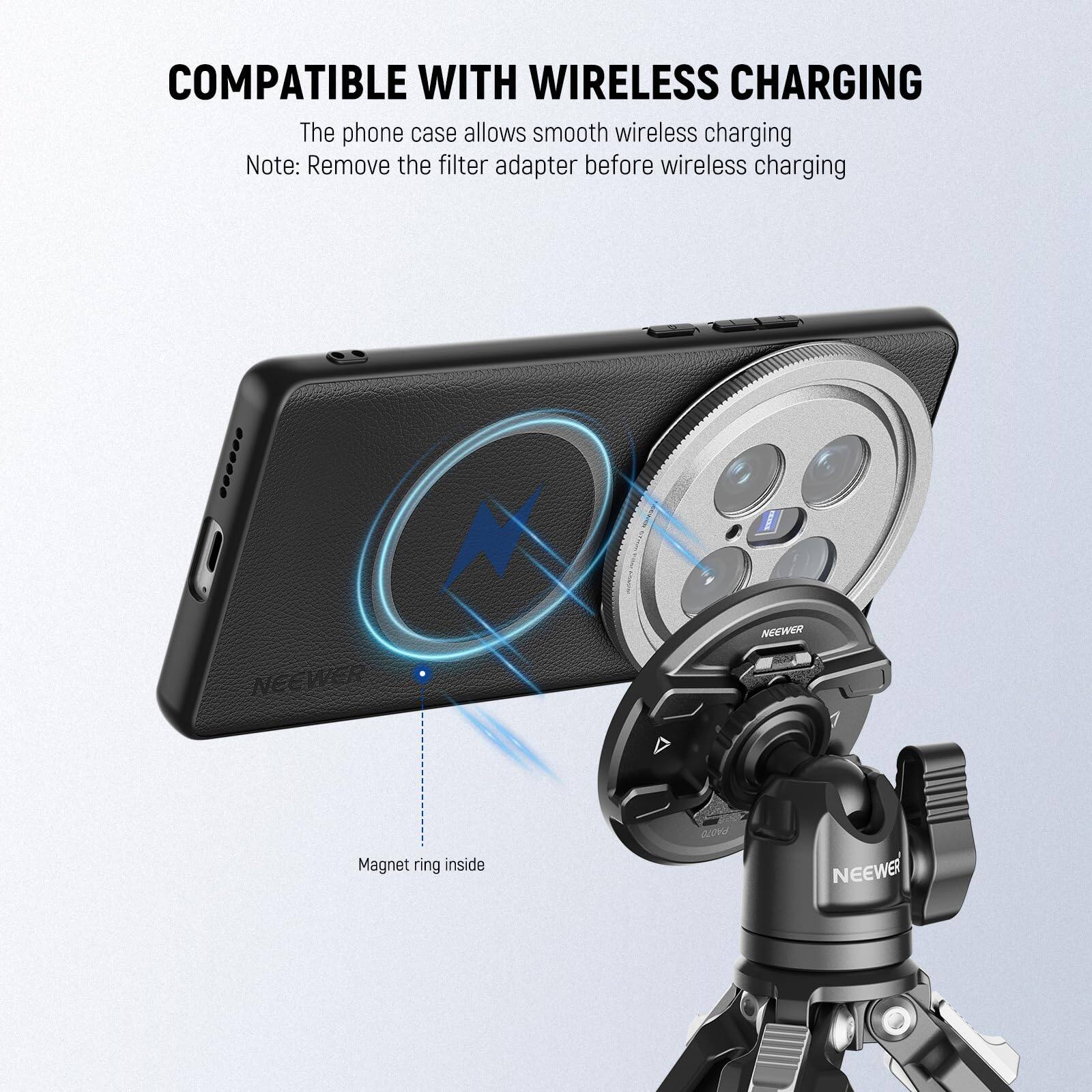 COMPATIBLE WITH WIRELESS CHARGING

The phone case allows smooth wireless charging  
Note: Remove the filter adapter before wireless charging

Magnet ring inside
