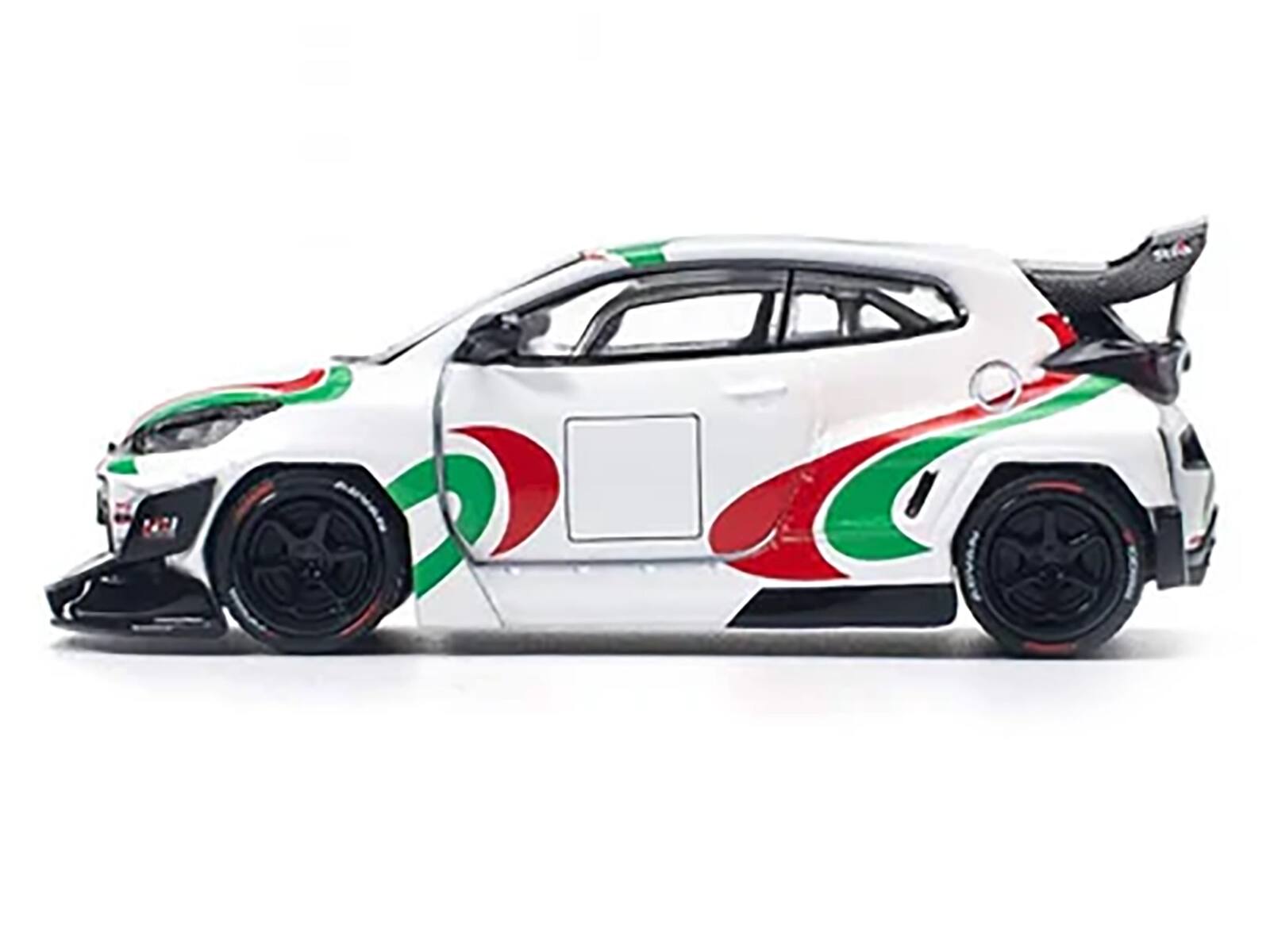 Angle. Pop Race - Toyota Pandem GR Yaris RHD (Right Hand Drive) Rally Livery White with Red and Green Graphics 1/64 Diecast Model Car - White with Red and Green.