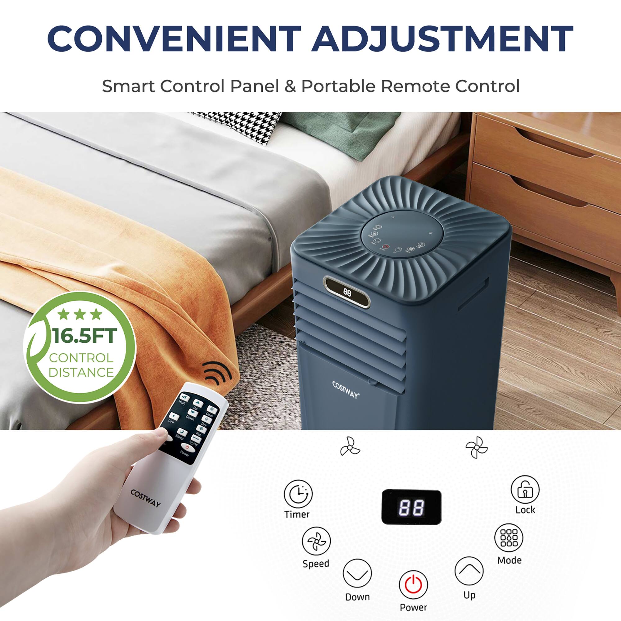 CONVENIENT ADJUSTMENT Smart Control Panel & Portable Remote Control 16.5FT CONTROL DISTANCE - - - COSTWAY + a - COSTWAY Timer Lock O 06 00O Speed Mode Down Power Up