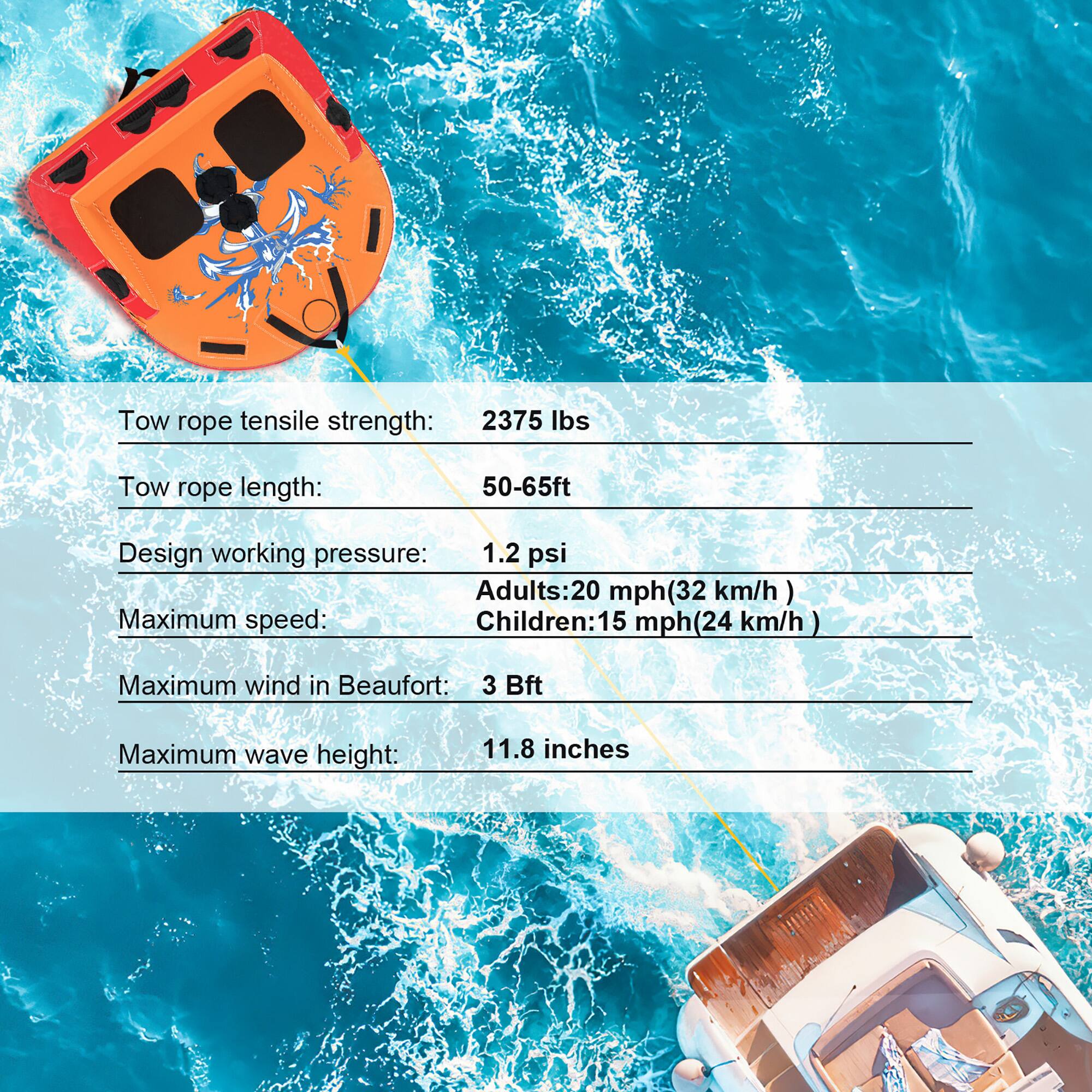 Tow rope tensile strength: 2375 lbs  
Tow rope length: 50-65ft  
Design working pressure: 1.2 psi  
Maximum speed:  
Adults: 20 mph (32 km/h)  
Children: 15 mph (24 km/h)  
Maximum wind in Beaufort: 3 Bft  
Maximum wave height: 11.8 inches
