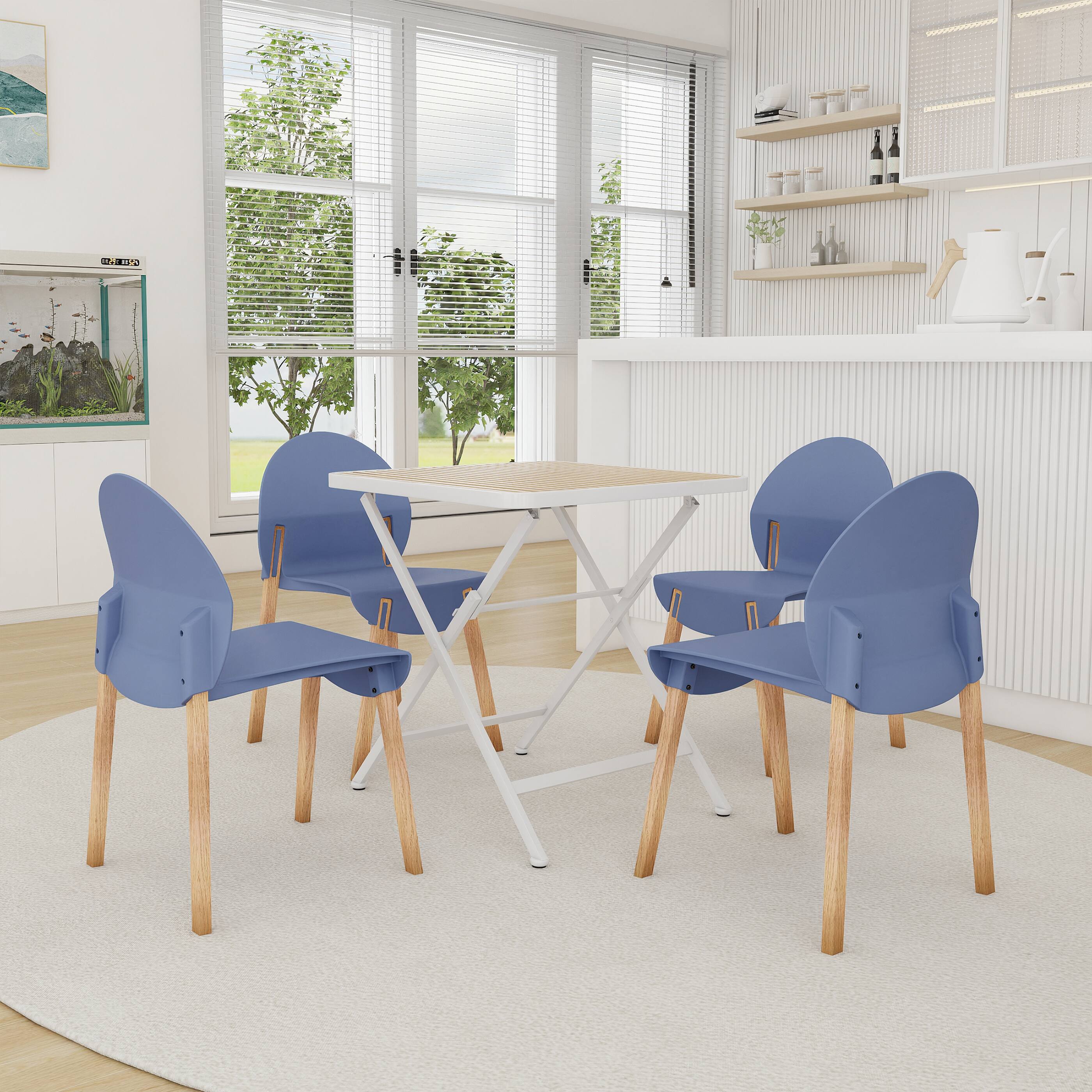 Left. Mondawe - 5-Piece Outdoor Dining Set – Square Folding Table with 4 Wood Legs & PP Chairs - Blue+White.