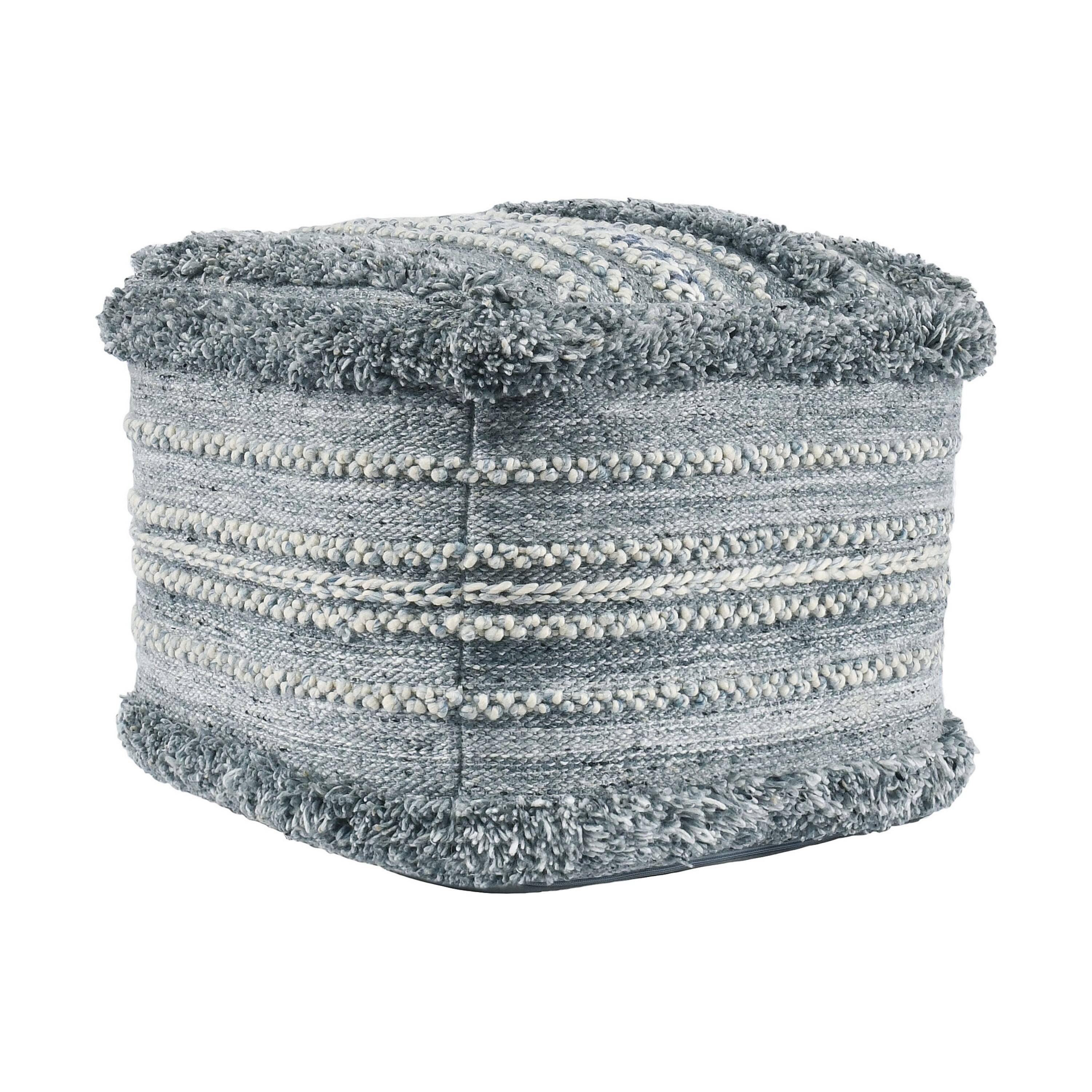 Front. Manhattan Lane - Square Ottoman Pouf, 18 Inch Blue Polyester, Boho Knitted Texture - Blue.