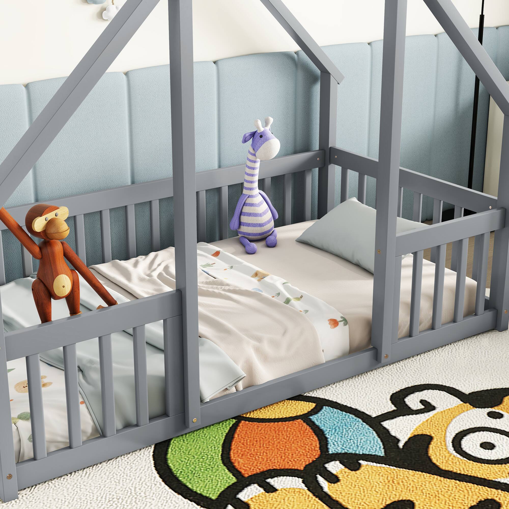 Alt View 7. GOODSILO - House-Shaped Twin Floor Bed with Safety Fence and Guardrails for Children's Playful Sleep Space - Grey.