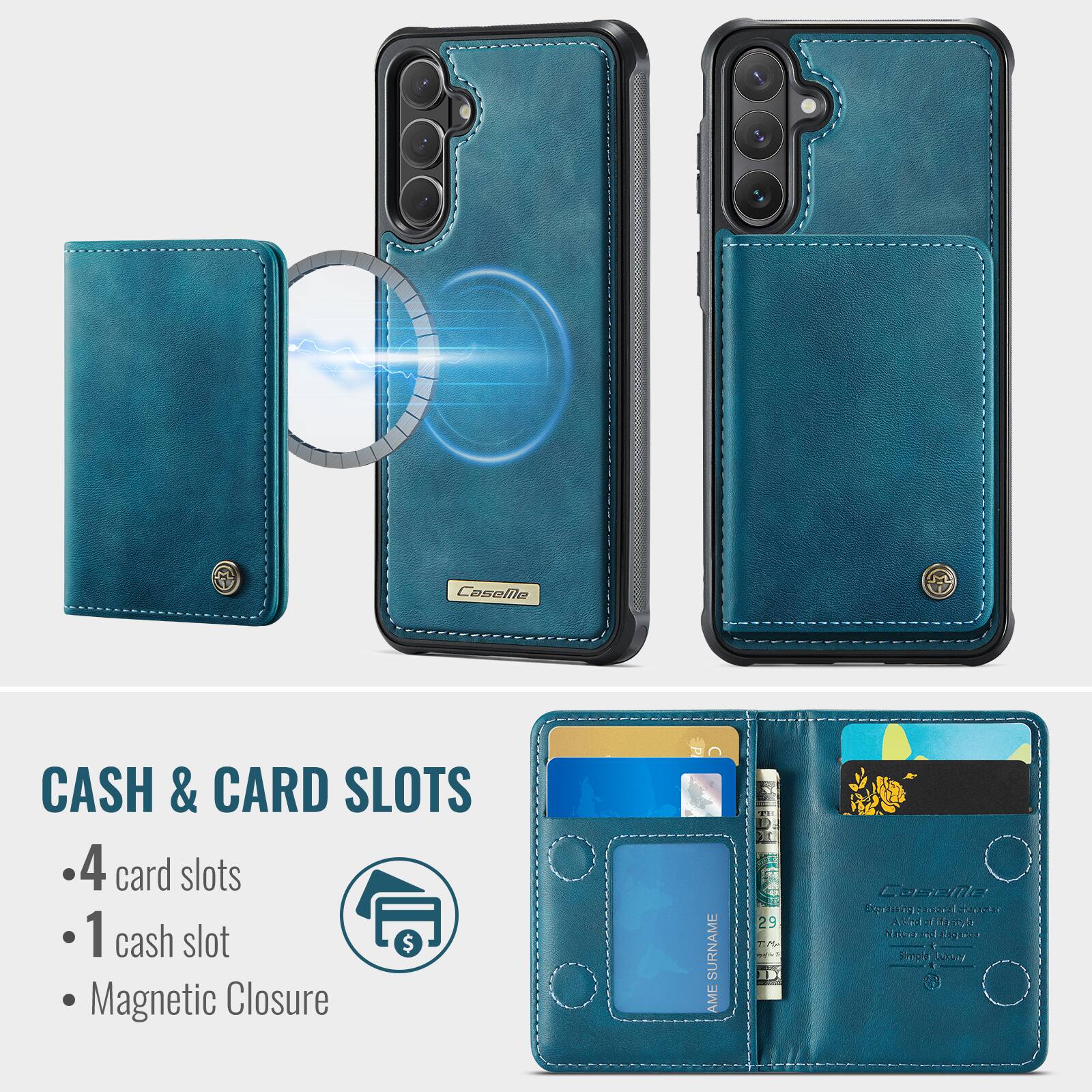 Caselle CASH & CARD SLOTS  
4 card slots  
1 cash slot  
Magnetic Closure  

SURNAME AME  
29 Casella Sooi  
1 PE T Alind o  
444 Sdringla Nisceso  
S Kijaci  
Hmok LrA