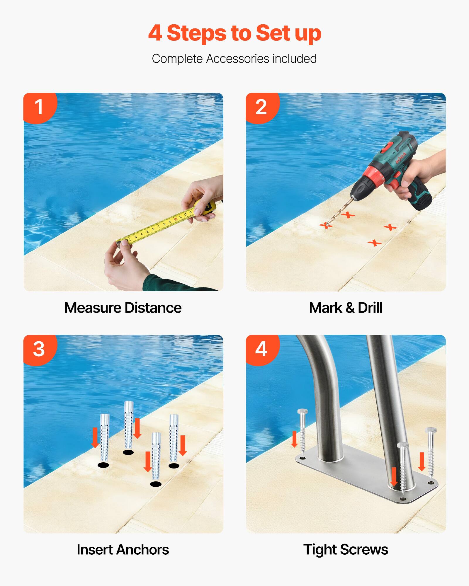 4 Steps to Set up  
Complete Accessories included  

1. Measure Distance  
2. Mark & Drill  
3. Insert Anchors  
4. Tight Screws