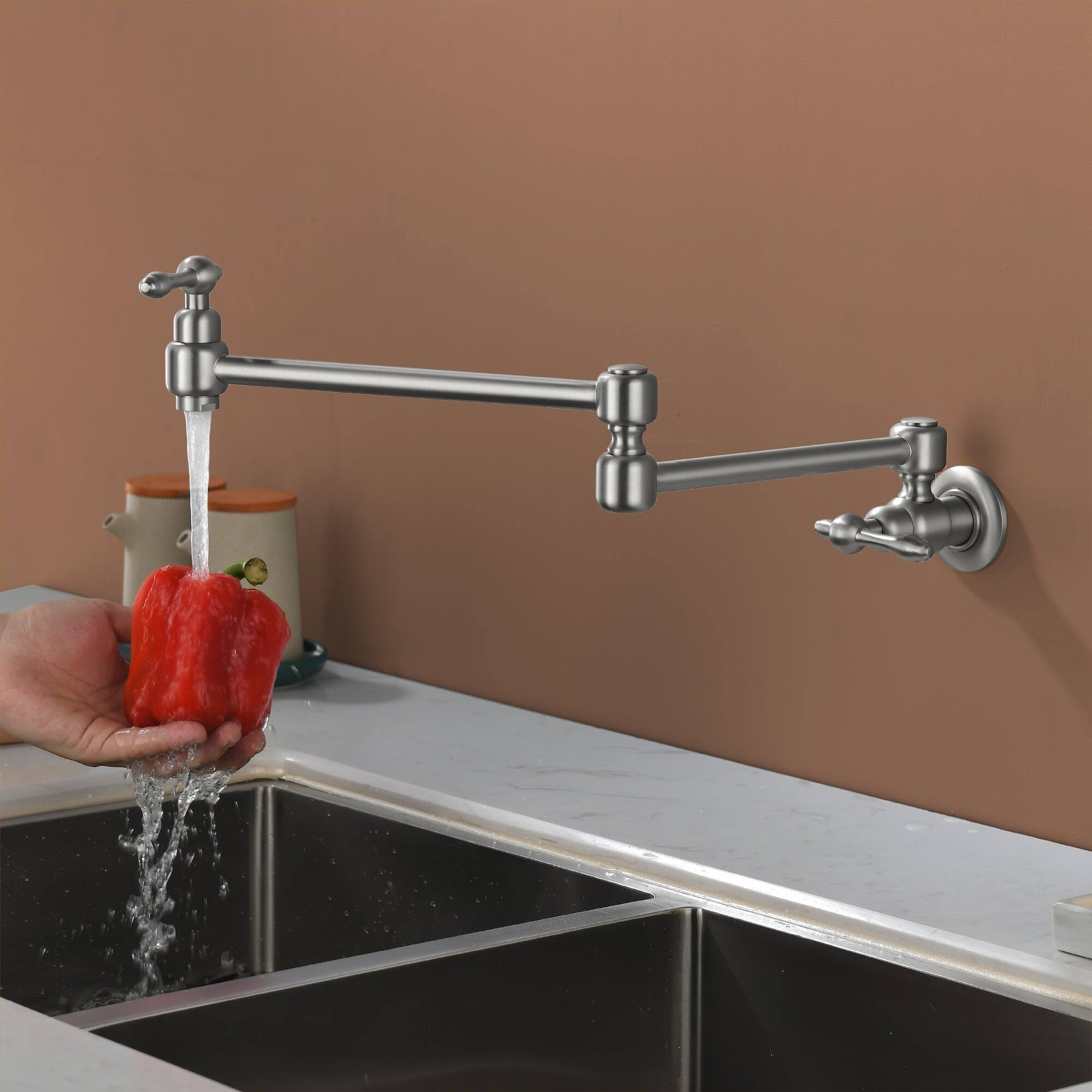 Angle. Boyel Living - Brushed Nickel Wall Mounted Double Handle Pot Filler 1.8 GPM with Ceramic Cartridge and Mounting Hardware - Brushed Nickel.