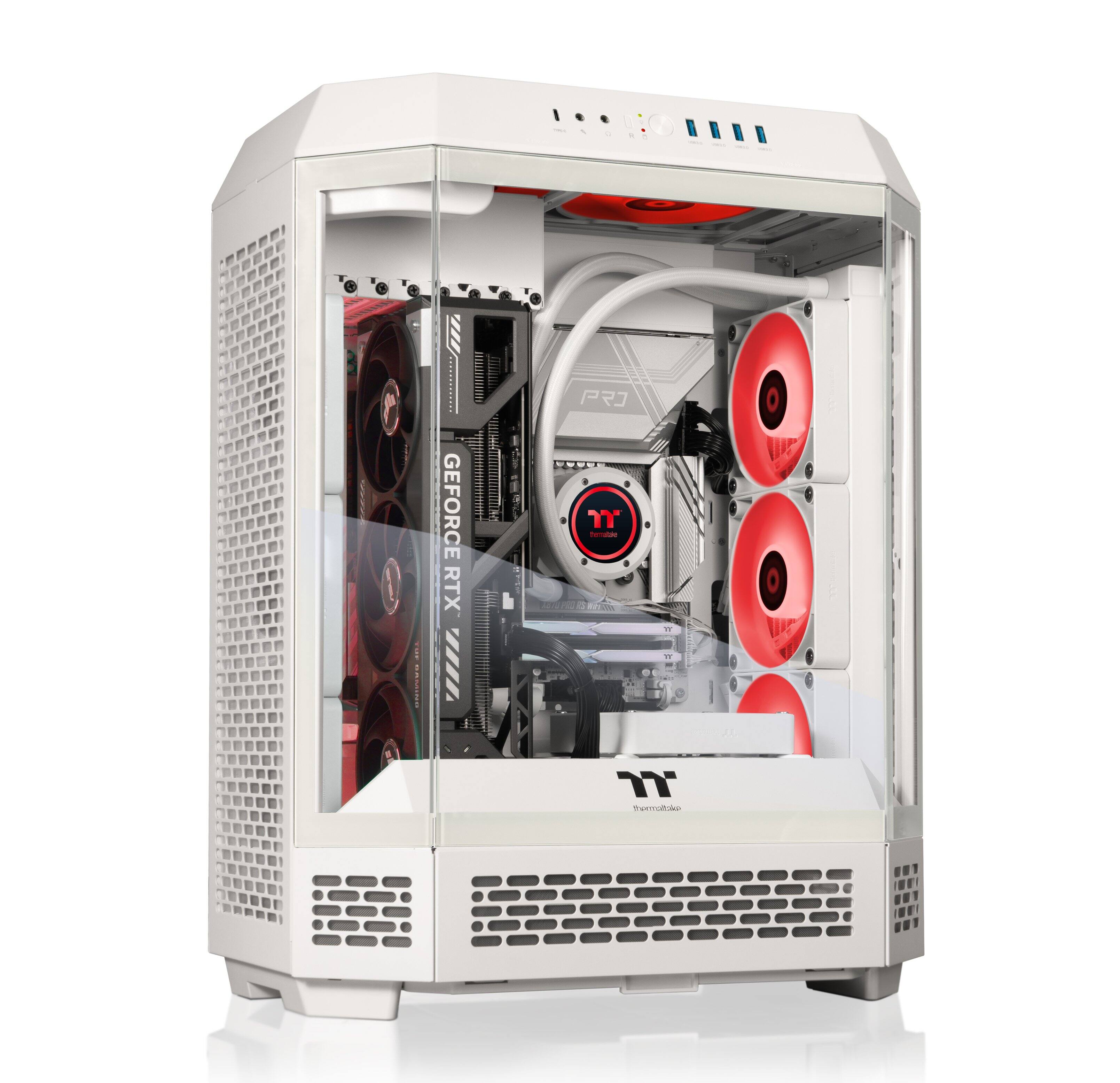 The image shows a computer tower with a clear case, revealing its internal components. The tower is equipped with a GeForce RTX 2080 Ti graphics card, which is a powerful and advanced GPU designed for gaming and other demanding tasks. The case also features a red and black color scheme, adding a touch of style to the computer setup.
