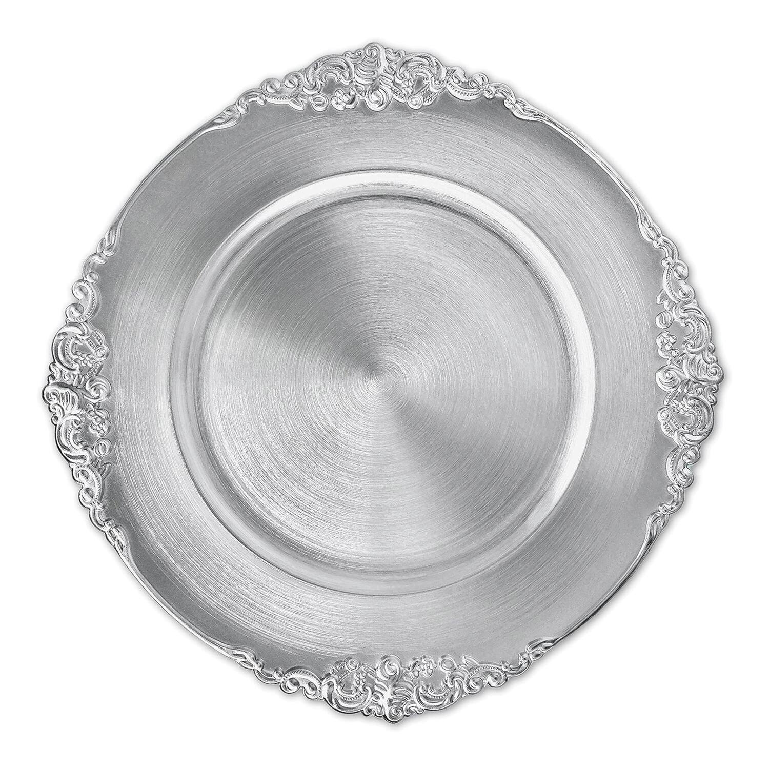 Angle. American Atelier - Silver Leaf Design Charger Plate Set, 4 Pieces - Silver.