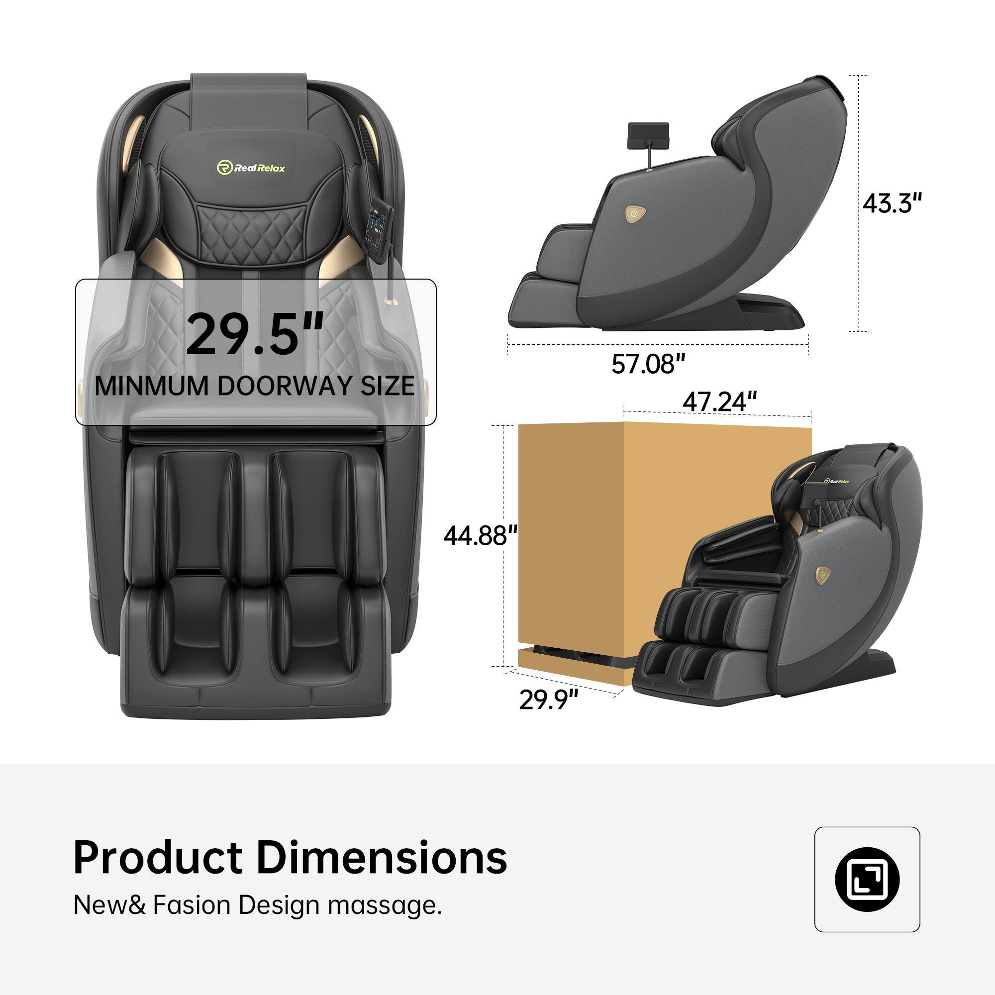 Real Relax

29.5" MINIMUM DOORWAY SIZE

Product Dimensions
New & Fashion Design massage.

43.3" 57.08" 47.24" 44.88" 29.9"