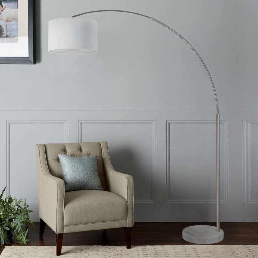 Alt View 3. FC Design - FC Design Modern 81" Tall Standing Adjustable Arched Floor Lamp with Drum Shade and Marble Base - White - White.