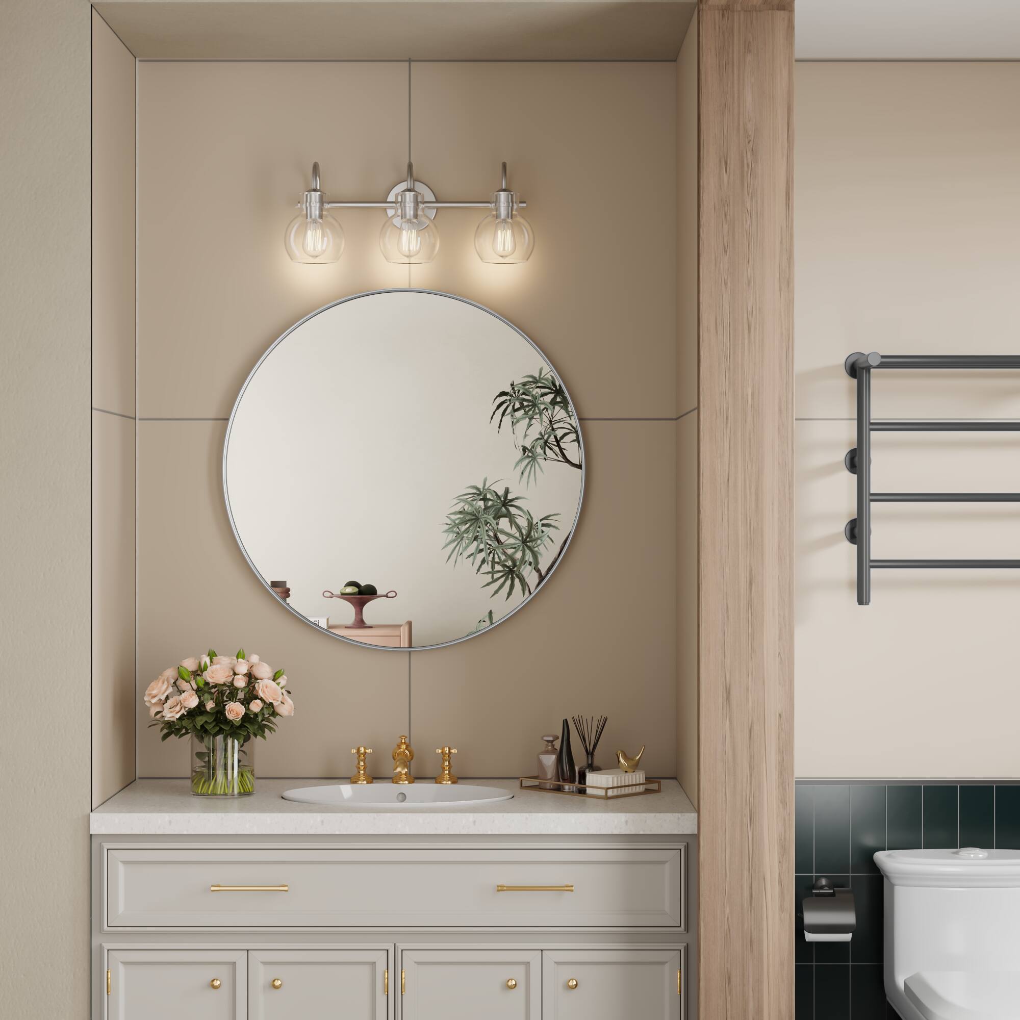 Back. PAIHOME - 36 Inch Round Bathroom Mirror with Brushed Stainless Steel Frame, Modern Wall Mirror for Entryway & Living Room - Silver.
