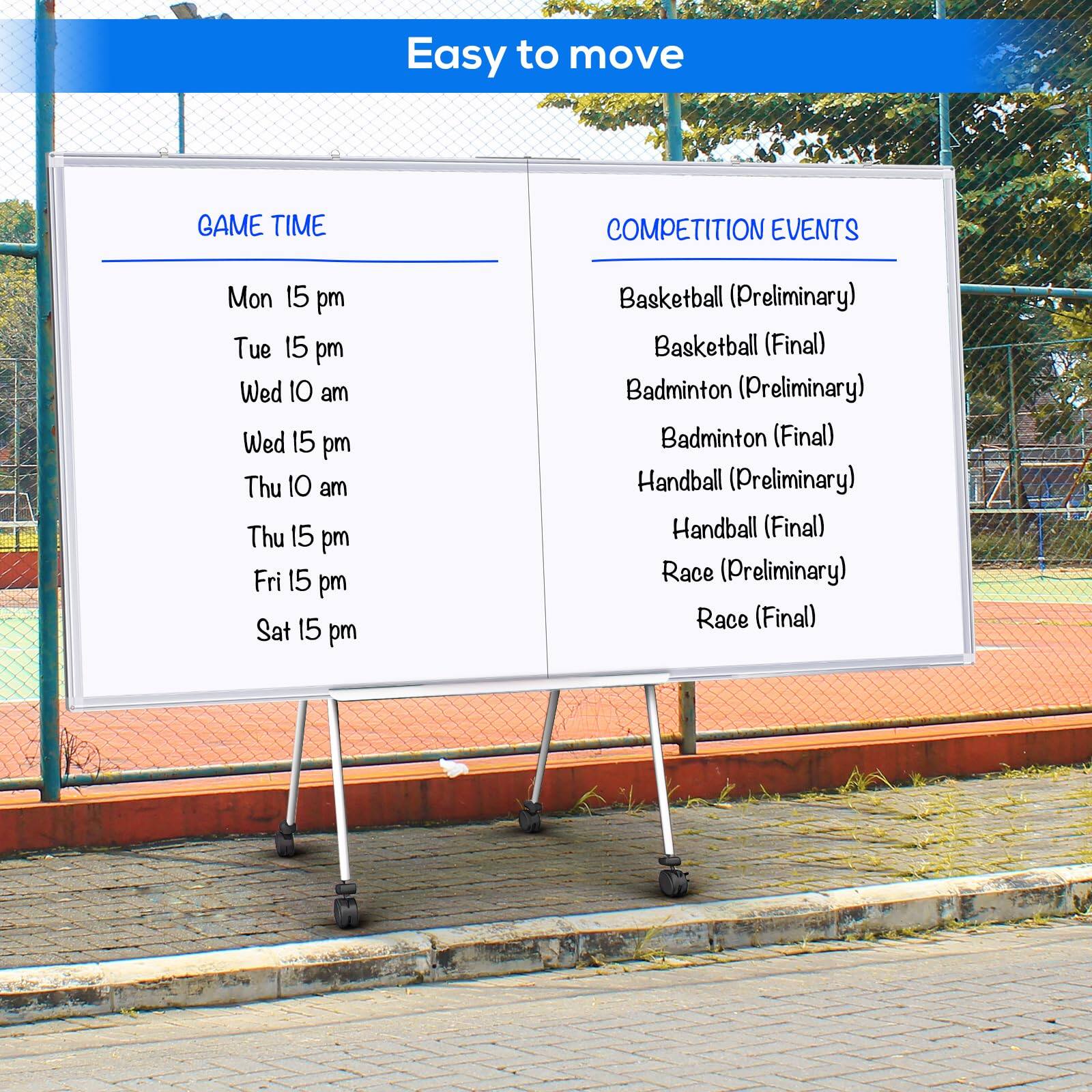 Easy to move

GAME TIME
- Mon 15 pm
- Tue 15 pm
- Wed 10 am
- Wed 15 pm
- Thu 10 am
- Thu 15 pm
- Fri 15 pm
- Sat 15 pm

COMPETITION EVENTS
- Basketball (Preliminary)
- Basketball (Final)
- Badminton (Preliminary)
- Badminton (Final)
- Handball (Preliminary)
- Handball (Final)
- Race (Preliminary)
- Race (Final)