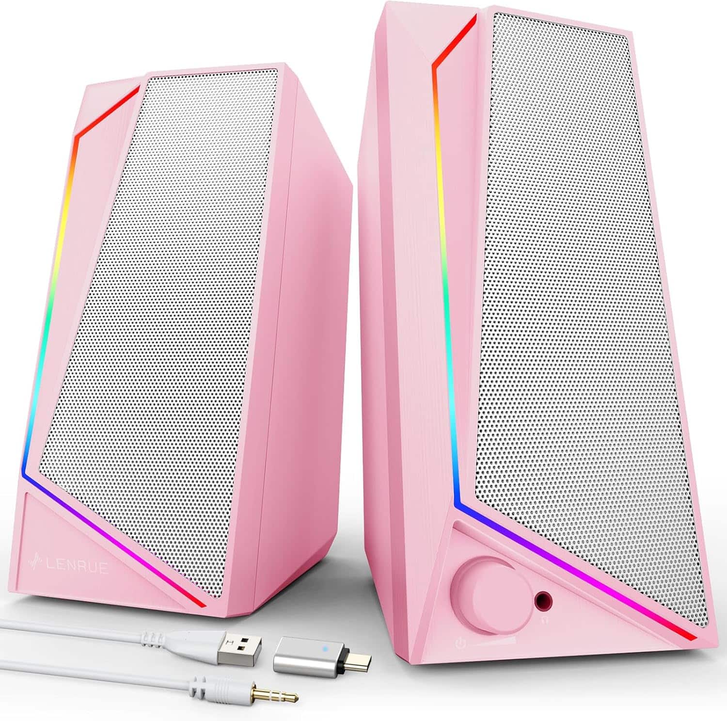 Stamp n Camp - LENRUE Computer Speakers, USB/USB-C Powered PC Speakers with Loud Stereo Sound, Headphone-in for Desktop, iMac, Laptop - Pink