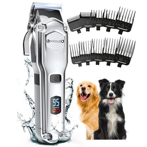 Oneisall - IPX7 Waterproof Wireless Pet Grooming Clipper 2000mAh 4 Hours Battery Life for Thick Coats With Travel Lock, 6 Combs