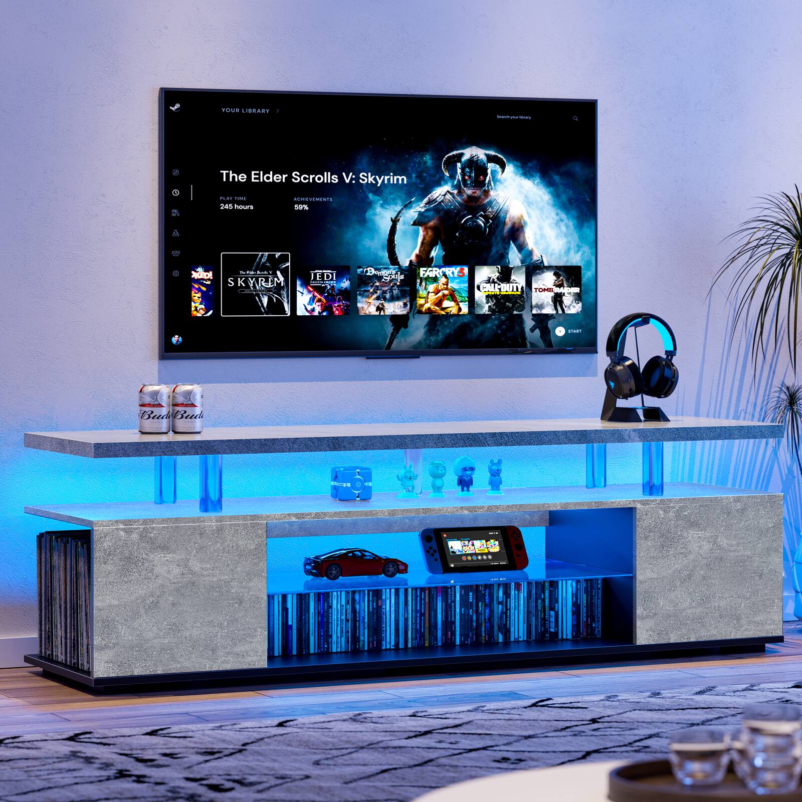 Dexmalle - TV Stand for 70 Inch TV LED Gaming Entertainment Center Media Storage - Gray