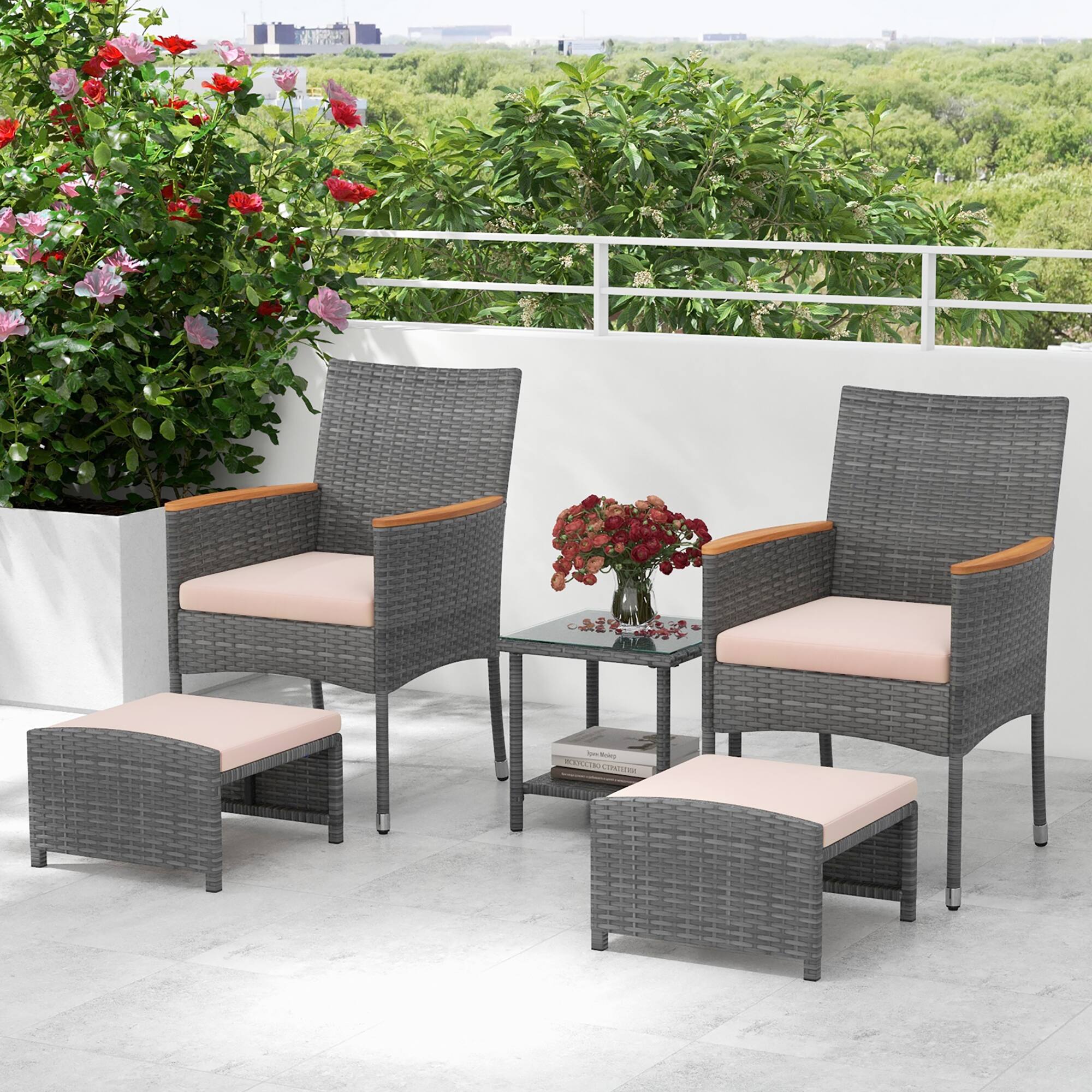Alt View 1. Gymax - Gymax 5 Pieces Wicker Patio Furniture Set PE Rattan Porch Chairs w/ Ottomans - Beige.
