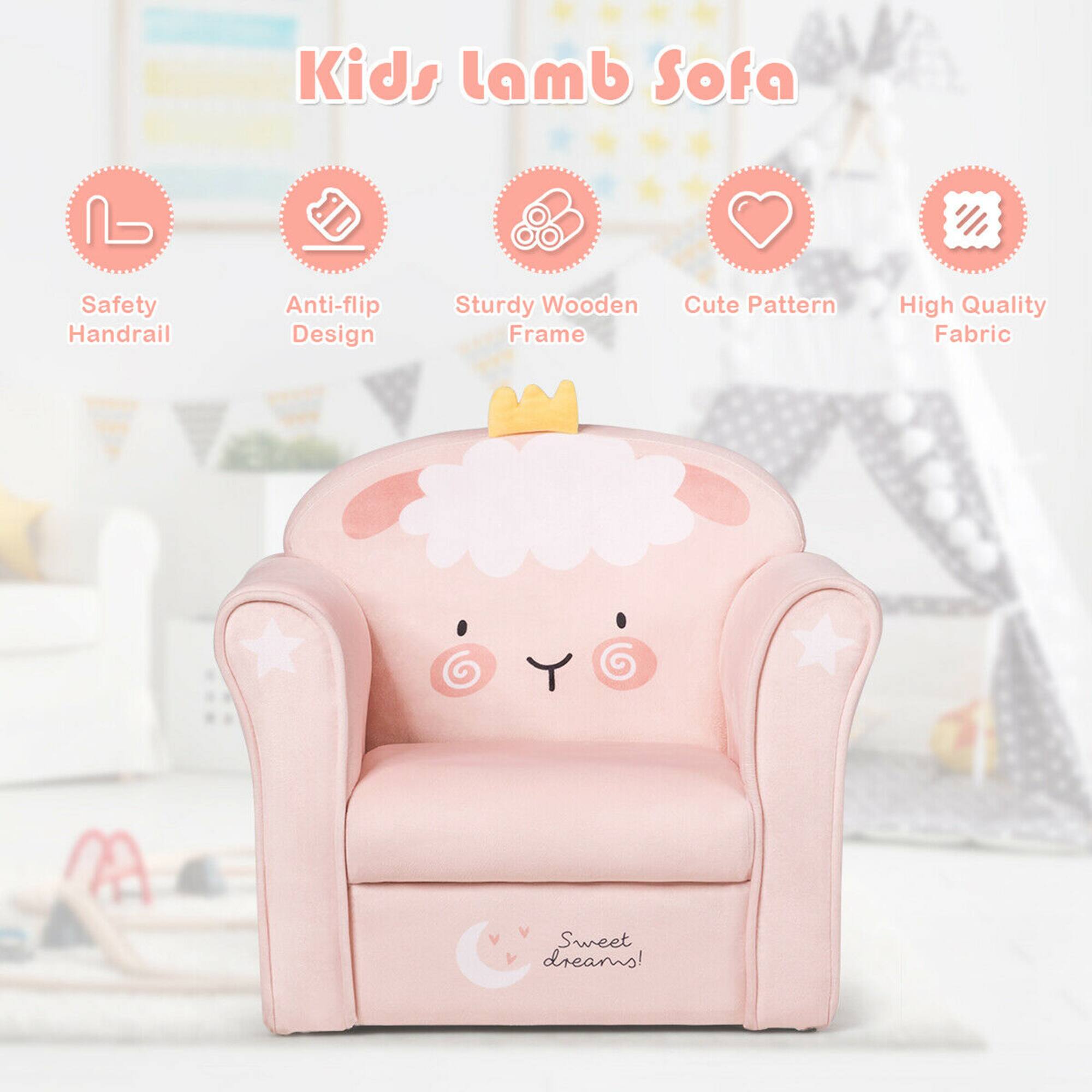 Kids Lamb Sofa

- Safety Handrail
- Anti-flip Design
- Sturdy Wooden Frame
- Cute Pattern
- High Quality Fabric

Sweet dreams!