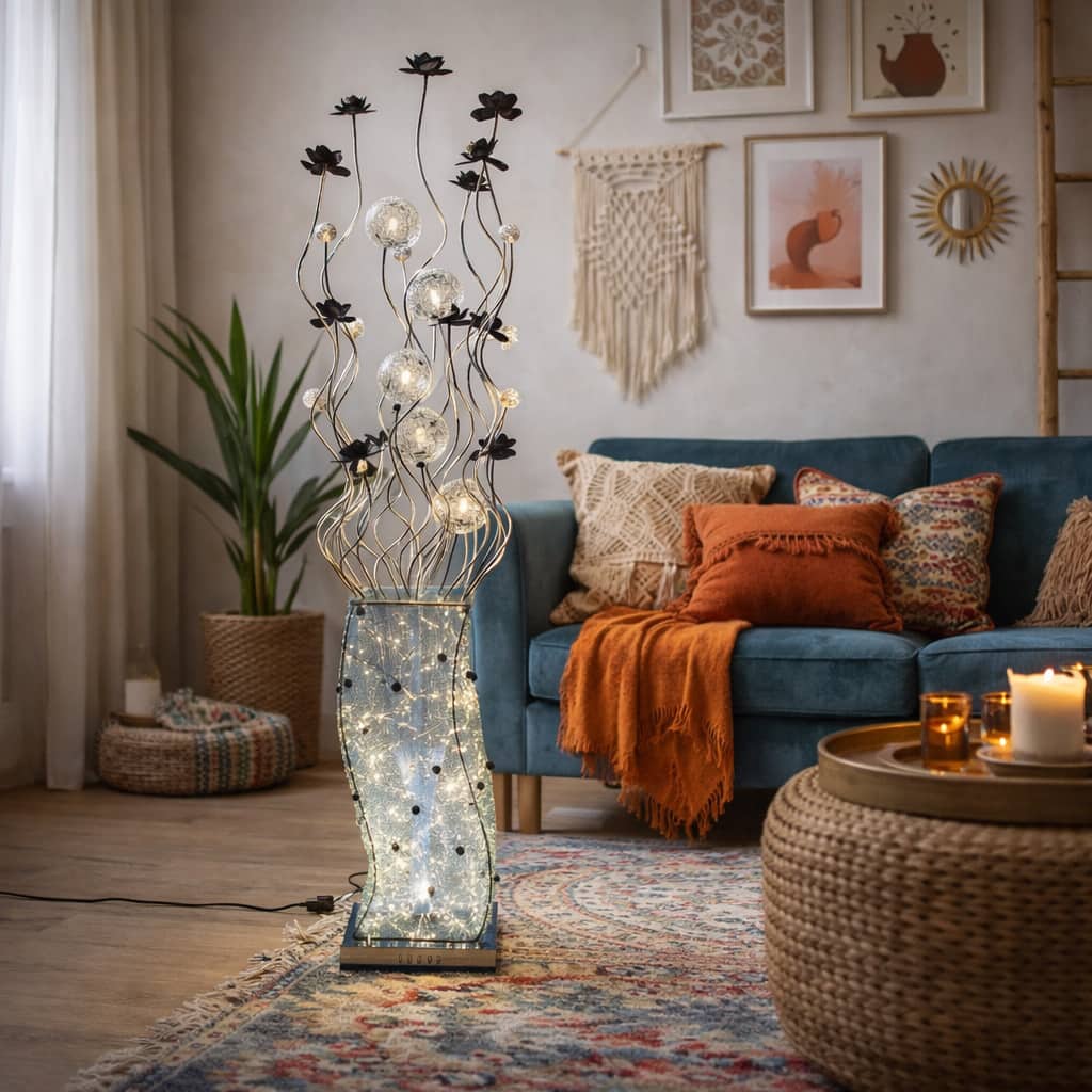 FC Design - 60"H Silver Textured Vase with Black Floral Stem Sculpture LED Floor Lamp