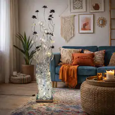 Front. FC Design - 60"H Silver Textured Vase with Black Floral Stem Sculpture LED Floor Lamp.