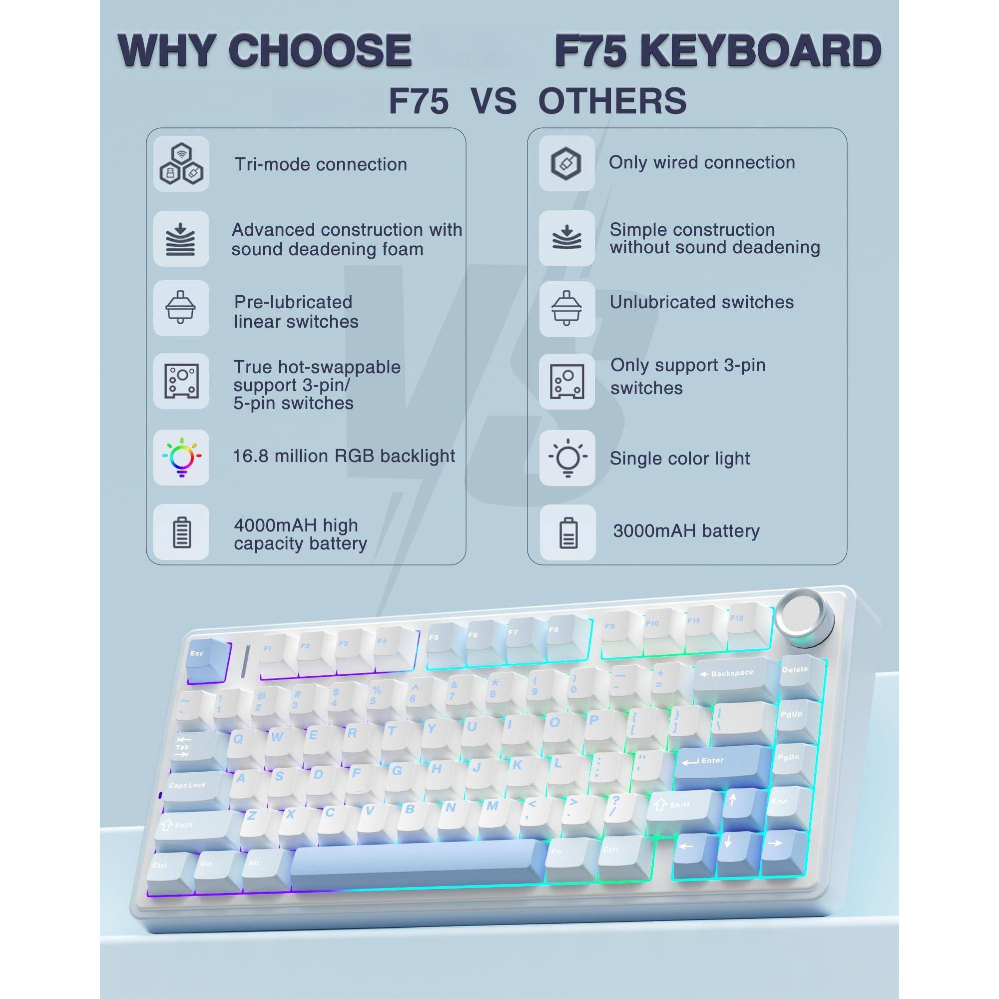 **WHY CHOOSE F75 KEYBOARD**

**F75 VS OTHERS**

- **Tri-mode connection**
- **Advanced construction with sound deadening foam**
- **Pre-lubricated linear switches**
- **True hot-swappable support 3-pin/5-pin switches**
- **16.8 million RGB backlight**
- **4000mAh high capacity battery**

**OTHERS**

- **Only wired connection**
- **Simple construction without sound deadening**
- **Unlubricated switches**
- **Only support 3-pin switches**
- **Single color light**
- **3000mAh battery**