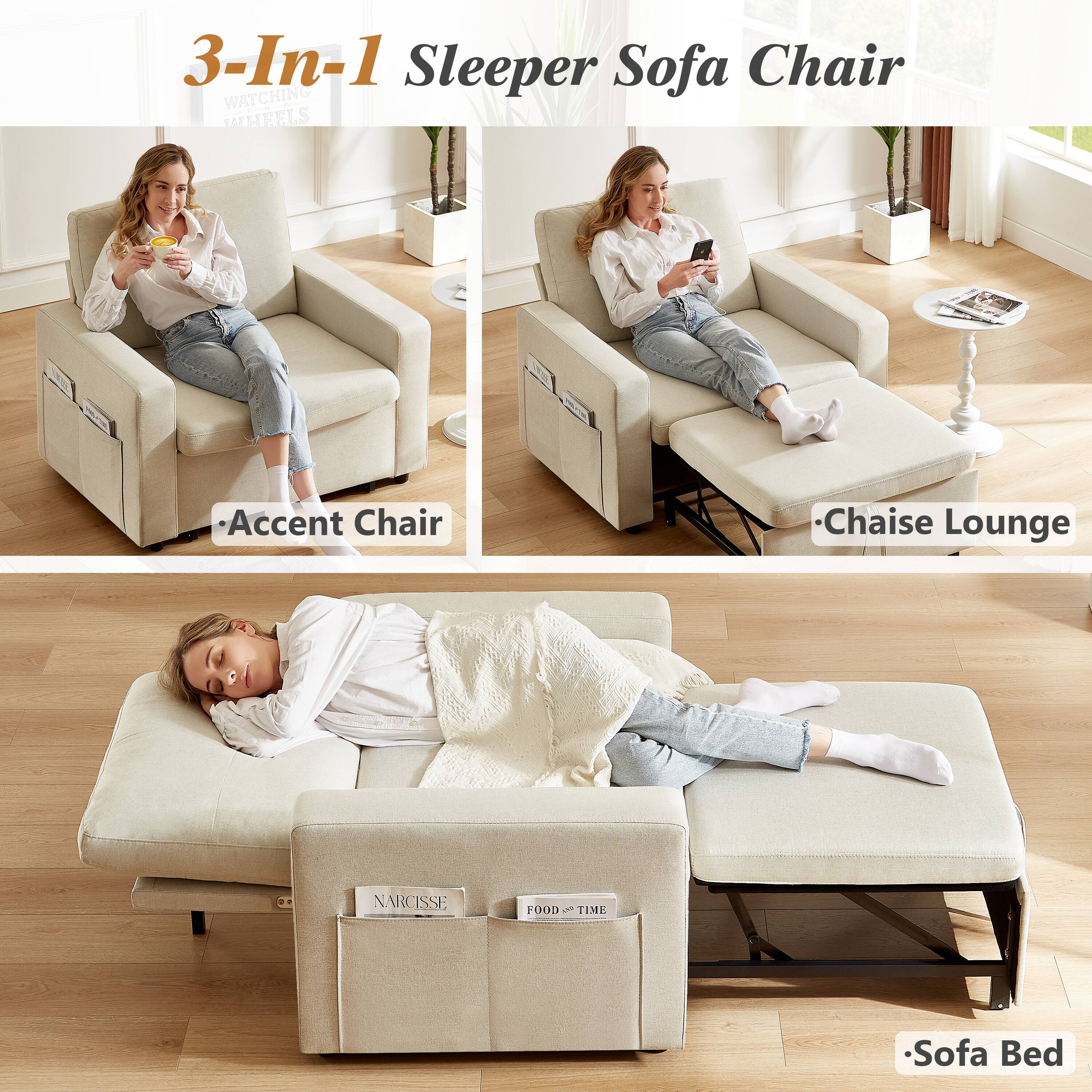 3-In-1 Sleeper Sofa Chair

- Accent Chair
- Chaise Lounge
- Sofa Bed

WATCHING WHEELS
NARCISSE F0OD TIME