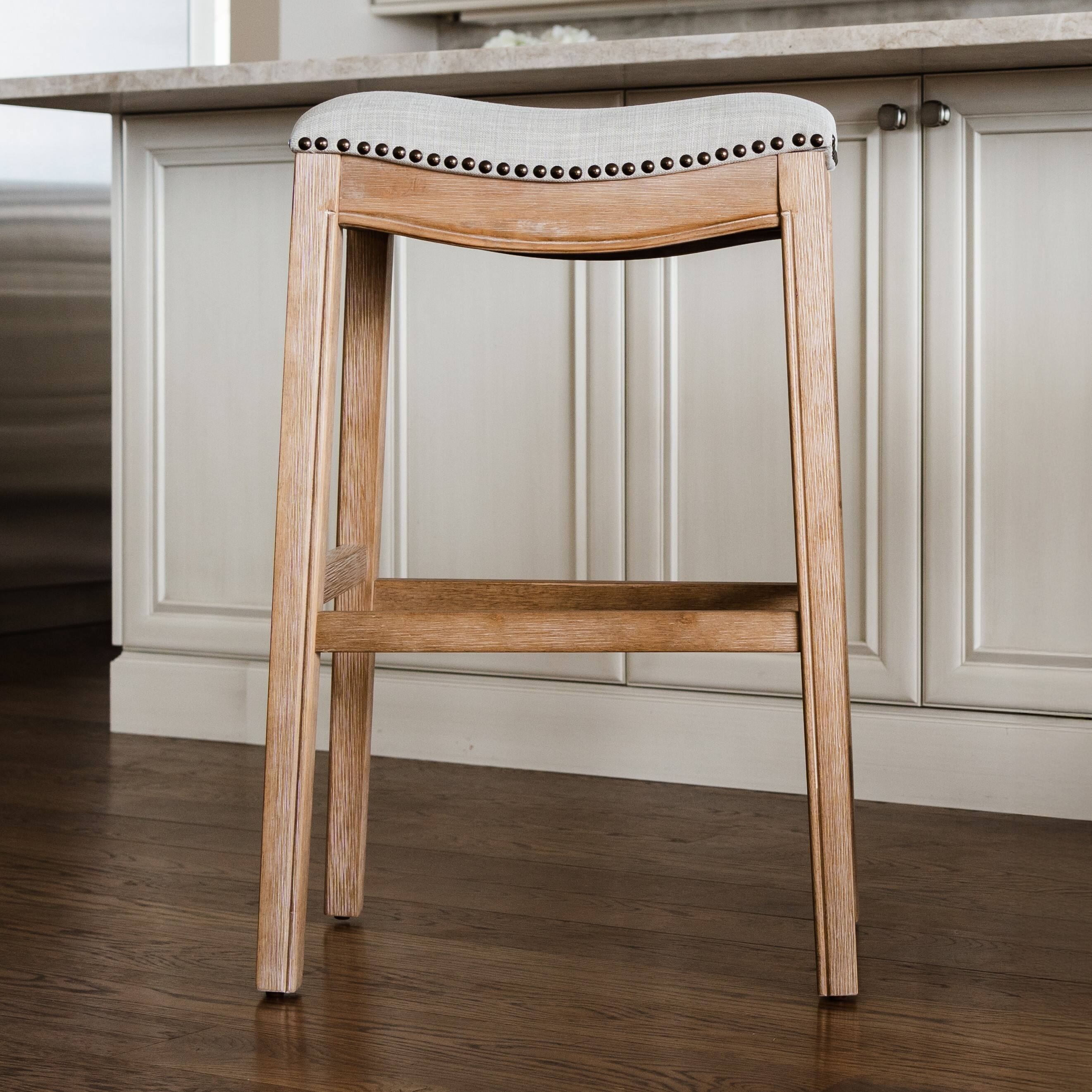 Angle. Maven Lane - 31" Adrien Saddle Bar Stool In Weathered Oak Finish With Fabric Upholstery - Weathered Oak.