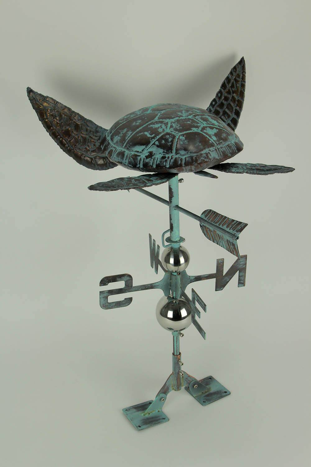 Alt View 2. Zeckos - Verdigris Patina Metal Sea Turtle Weathervane with Roof Mount - Green.