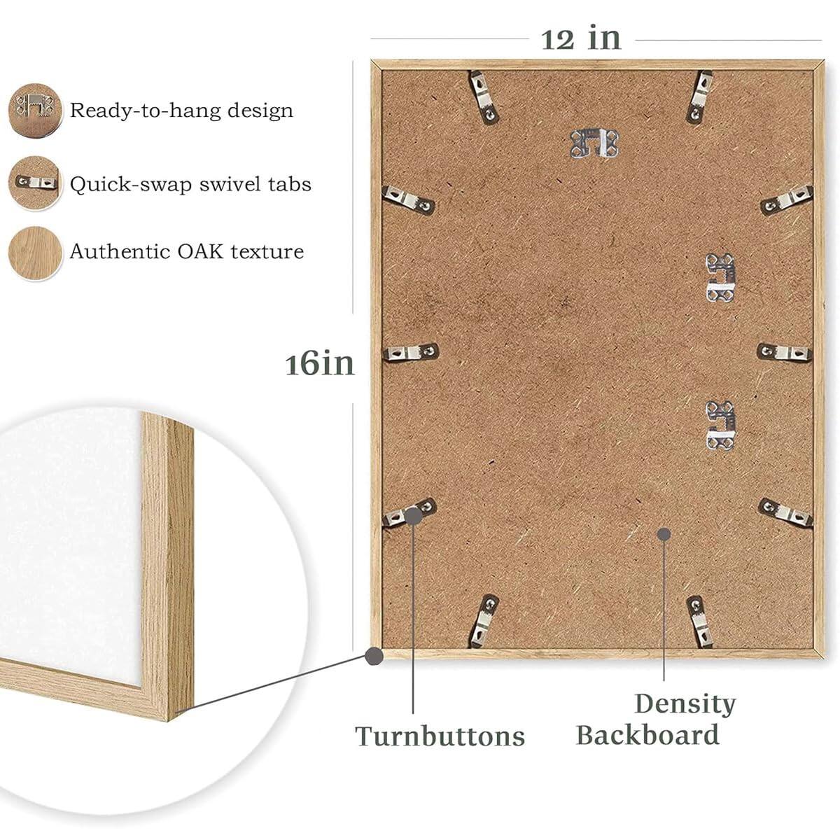 - 12 in
- Ready-to-hang design
- Quick-swap swivel tabs
- Authentic OAK texture
- 16 in
- Turnbuttons
- Backboard
- Density