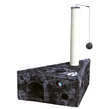 Front. TRIXIE - Murcia Sisal 26" Cat Scratching Post with Plush-Covered Condo and Cat Toy, Gray - Dark Gray.