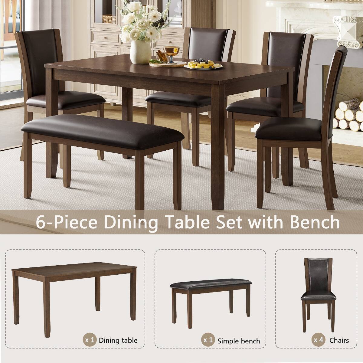 6-Piece Dining Table Set with Bench

x1 Dining table
x1 Simple bench
x4 Chairs