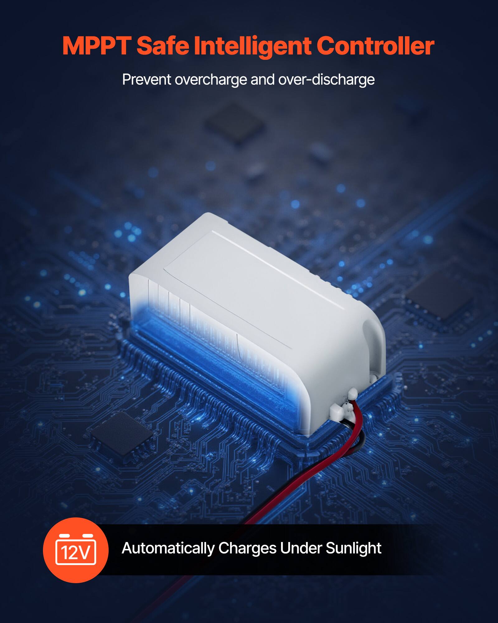 MPPT Safe Intelligent Controller  
Prevent overcharge and over-discharge  

Automatically Charges Under Sunlight  
12V