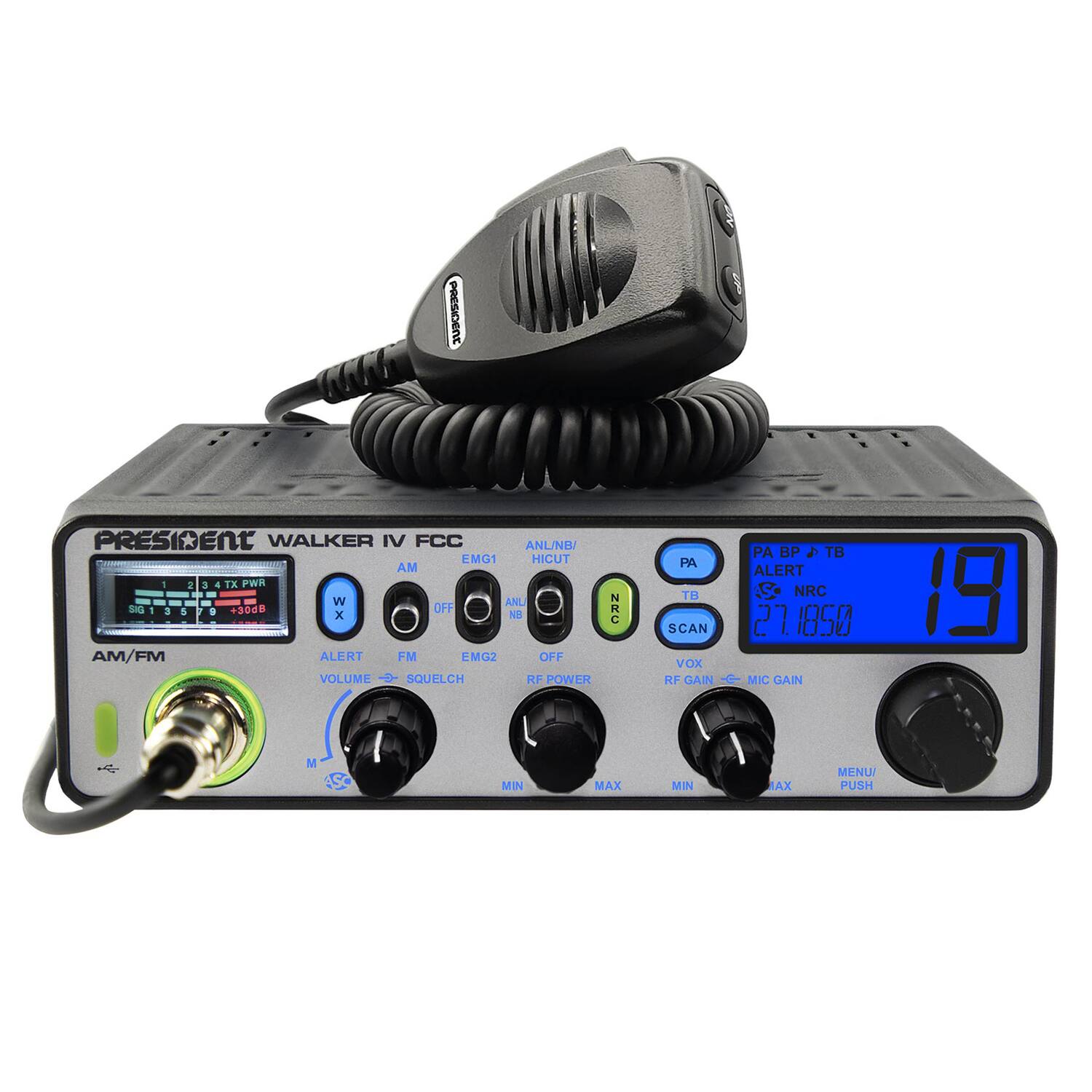 PRESIDENT WALKER IV FCC

ANU/NB EMG1 HICUT AM - TV a TX PWR - W ANL Sa - a 1 & 30AD OFF x NE - AM AM/FM ALERT FM EMG2 OFF VOLUME -- SQUELCH HF POWER CE PA BP  TB PA ALERT TB -2. NRC SCAN 27 1850 VOx RF GAIN - MIC GAIN 19 M MIN MAX MIN MAX MENU! PUSH
