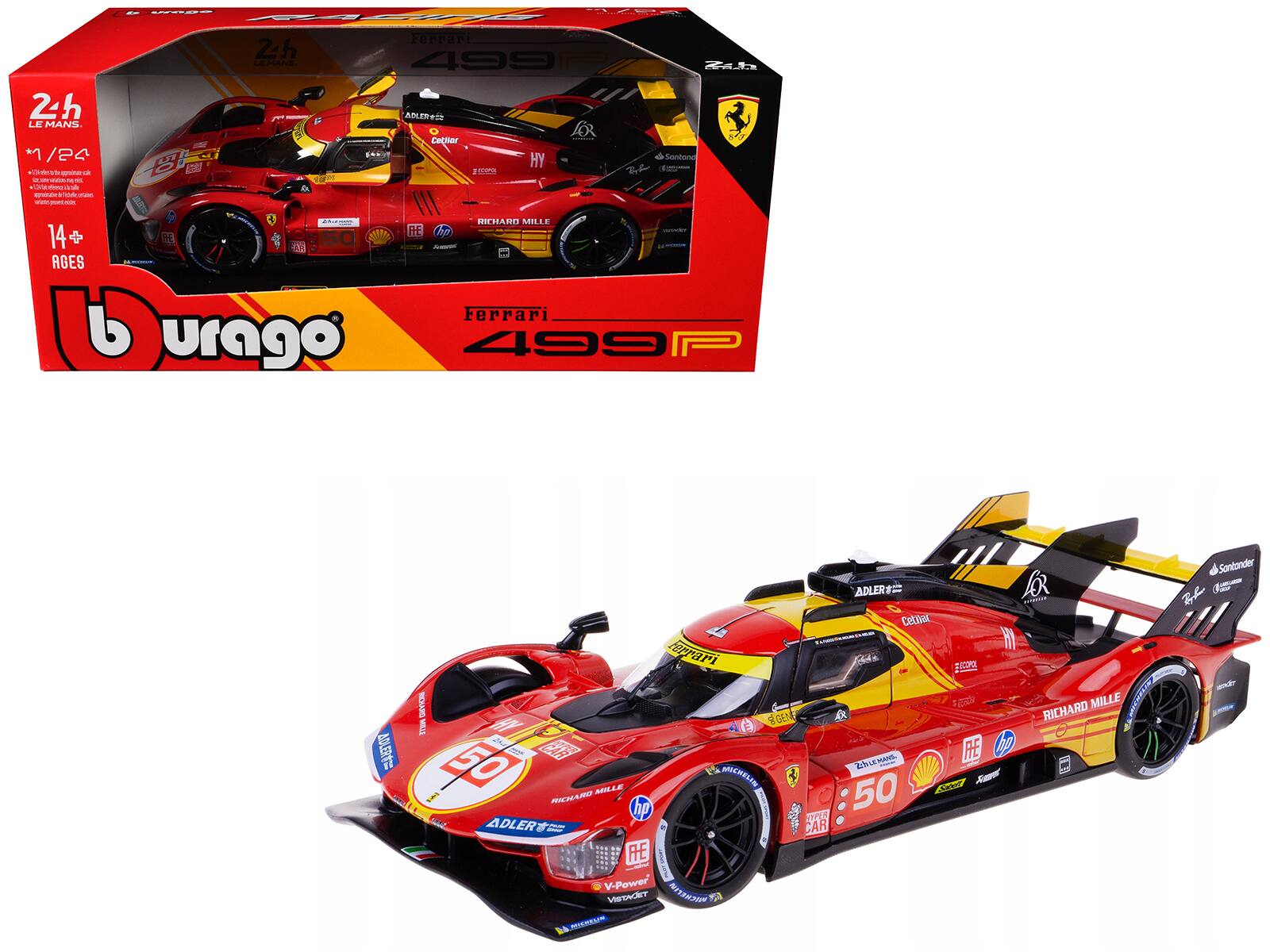 Ferrari 499P #50 AF Corse Le Mans 2024 Winner Antonio Fuoco Molina Nielsen 1/24 Diecast Model Car Bburago - Multicolor
