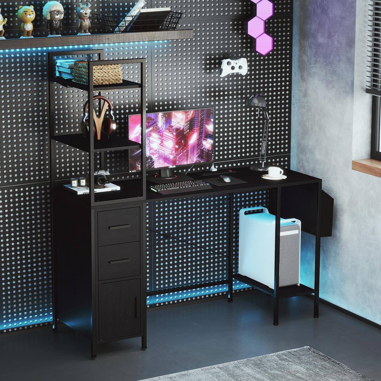 Alt View 3. Pefilos - Office Computer Desk - RGB LED Lights X-Shaped Reinforcement, with Power Outlets Open Shelves, Black - Black.