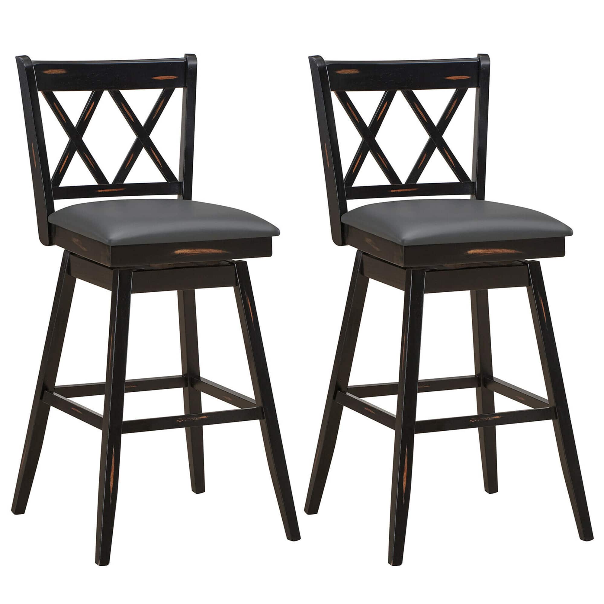 Front. Costway - Costway Set of 2 Barstools Swivel Bar Height Chairs with Rubber Wood Legs - Black.