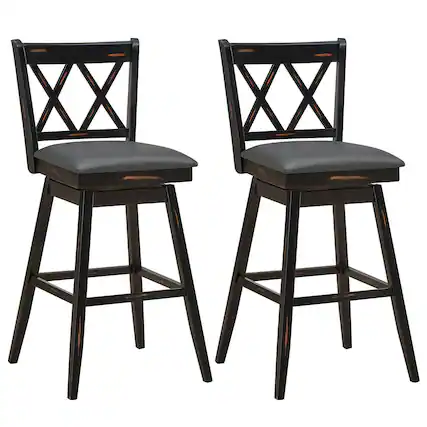 Front. Costway - Costway Set of 2 Barstools Swivel Bar Height Chairs with Rubber Wood Legs - Black.