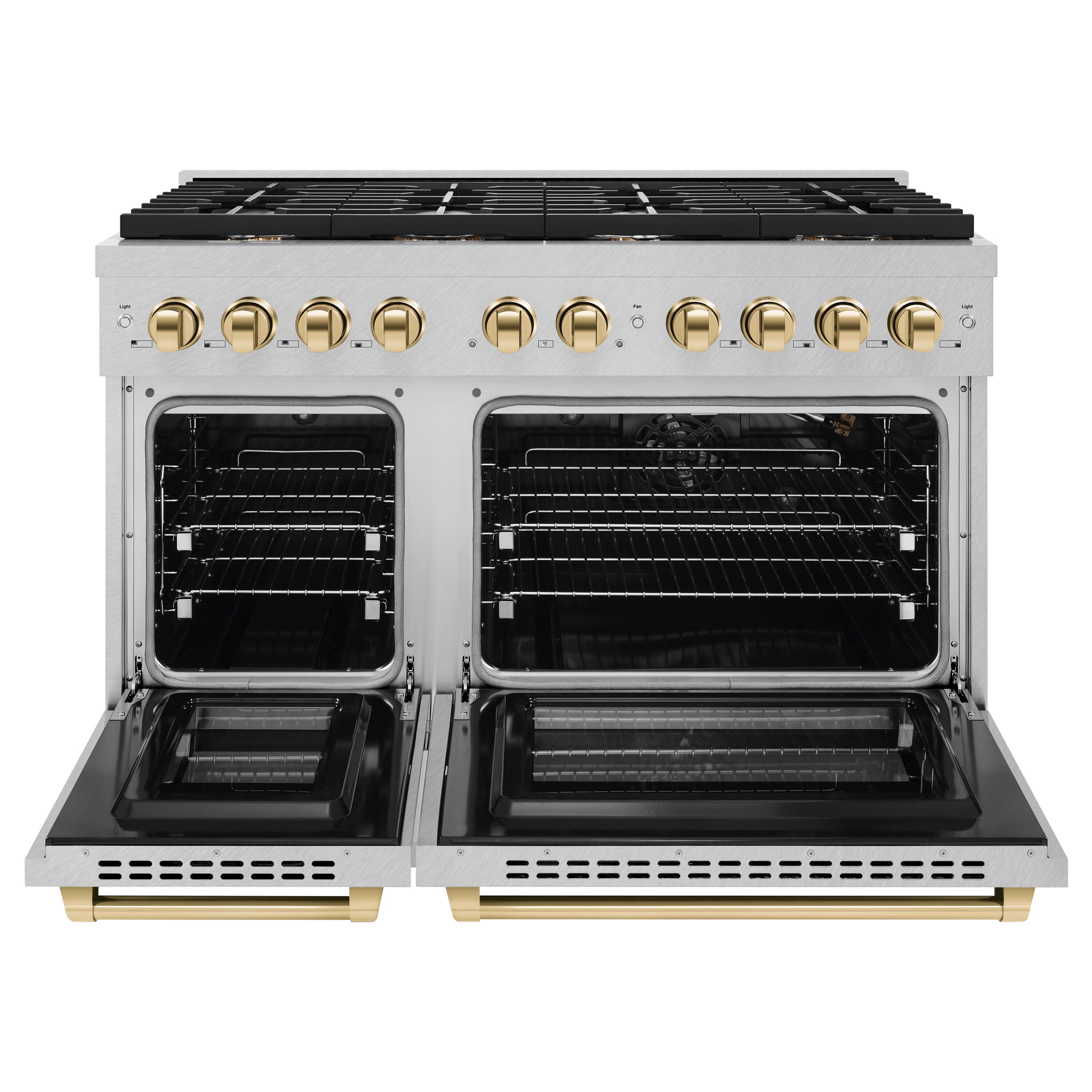 Angle. ZLINE - ZLINE Autograph 48 in. Paramount Satin Steel Gas Range w/ 8 Burners & Gold Accents (SGRSZ-48-G) - Stainless Steel.