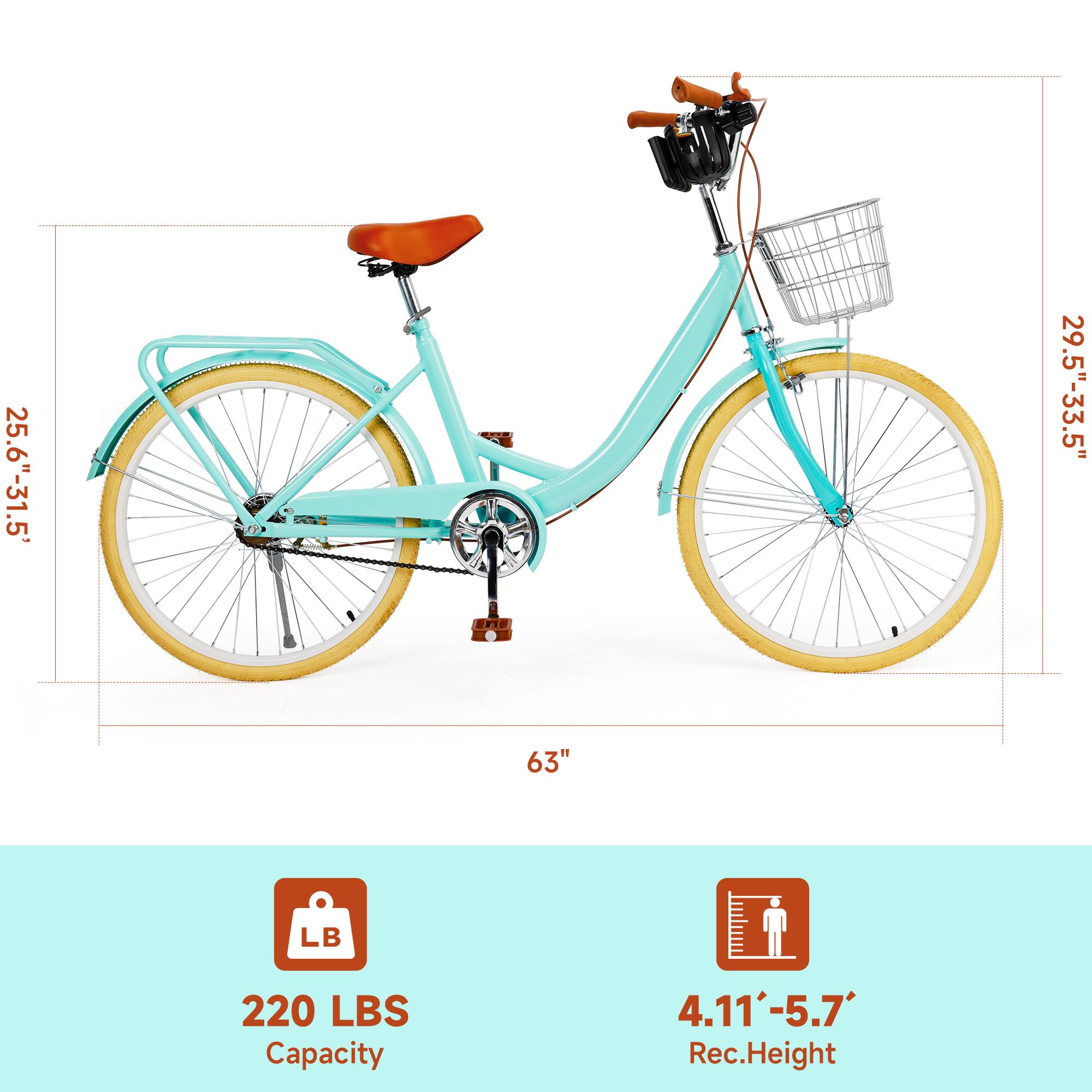 25.6"-31.5"  
29.5"-33.5"  
63"  
220 LBS Capacity  
4.11'-5.7' Rec.Height