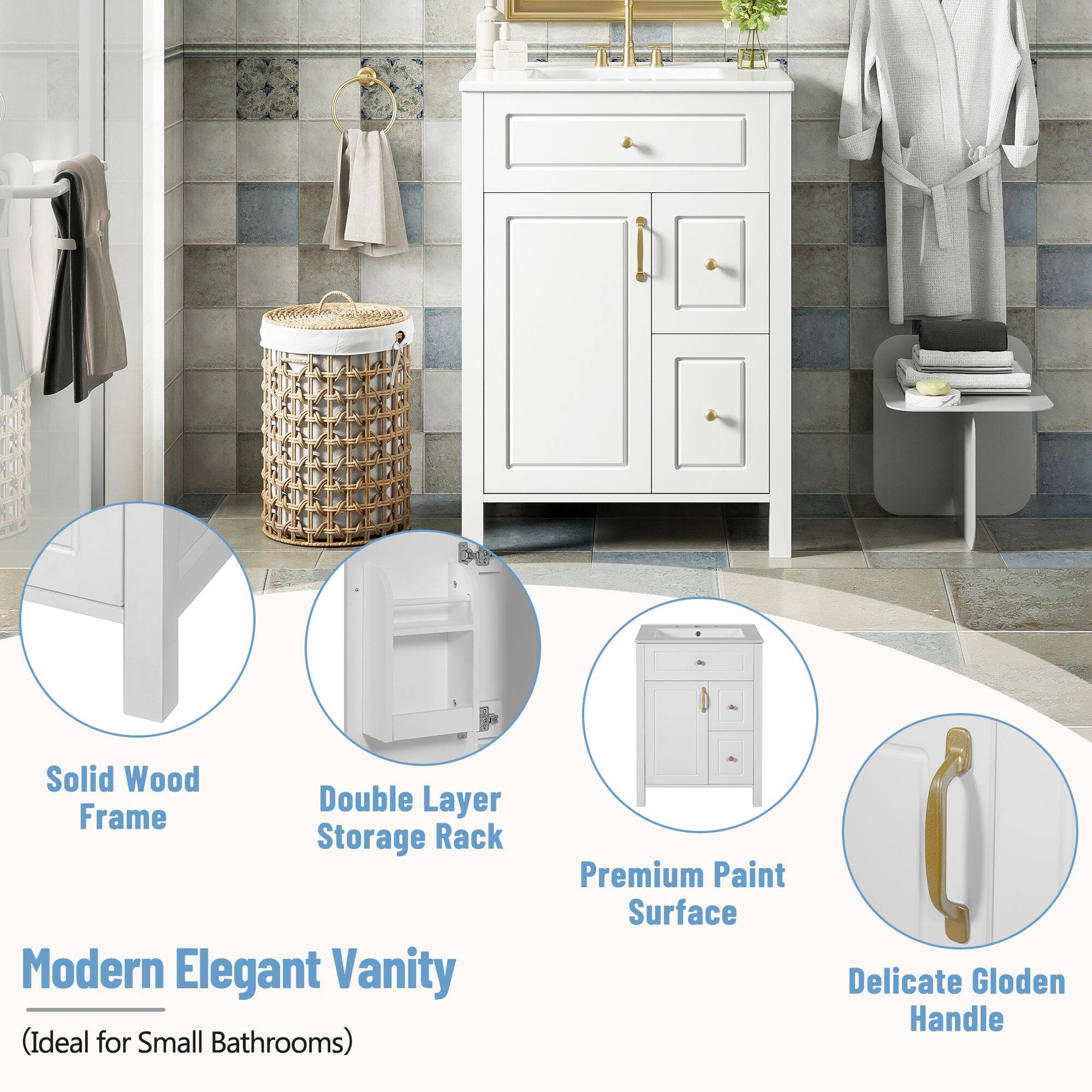 Modern Elegant Vanity  
(Ideal for Small Bathrooms)  

- Solid Wood Frame  
- Double Layer Storage Rack  
- Premium Paint Surface  
- Delicate Golden Handle