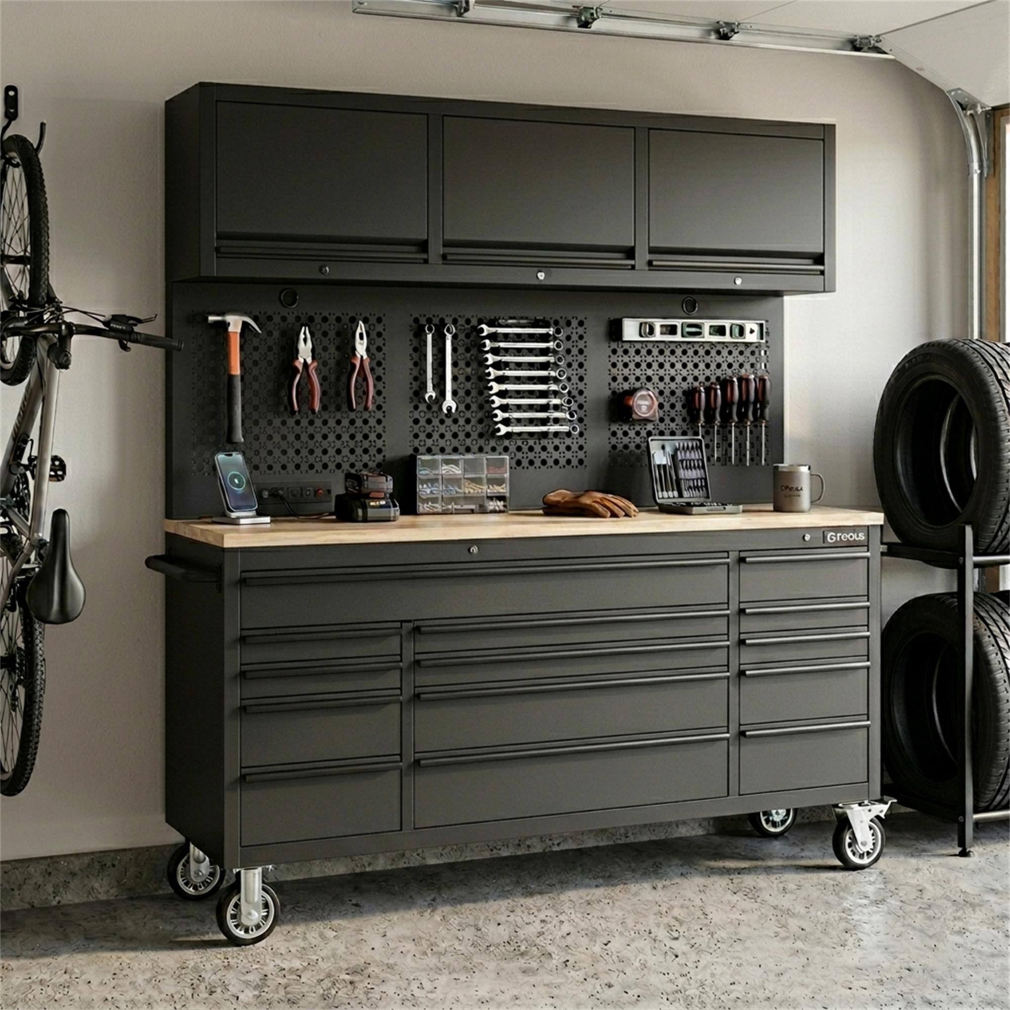 Alt View 2. Boyel Living - Overhead Pro 72 inch Rolling Tool Chest 79 inch Tall 14 Drawers 3 Overhead Cabinets Pegboard Power Strip.