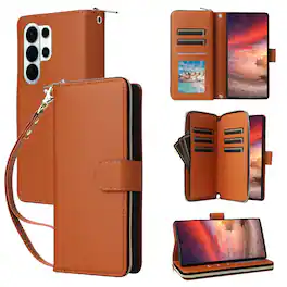 Dteck - Crossbody Wallet Case for Samsung Galaxy S26 Ultra, Shockproof Zipper Pocket PU Leather Folio Cover with 9 Card Slots - Brown