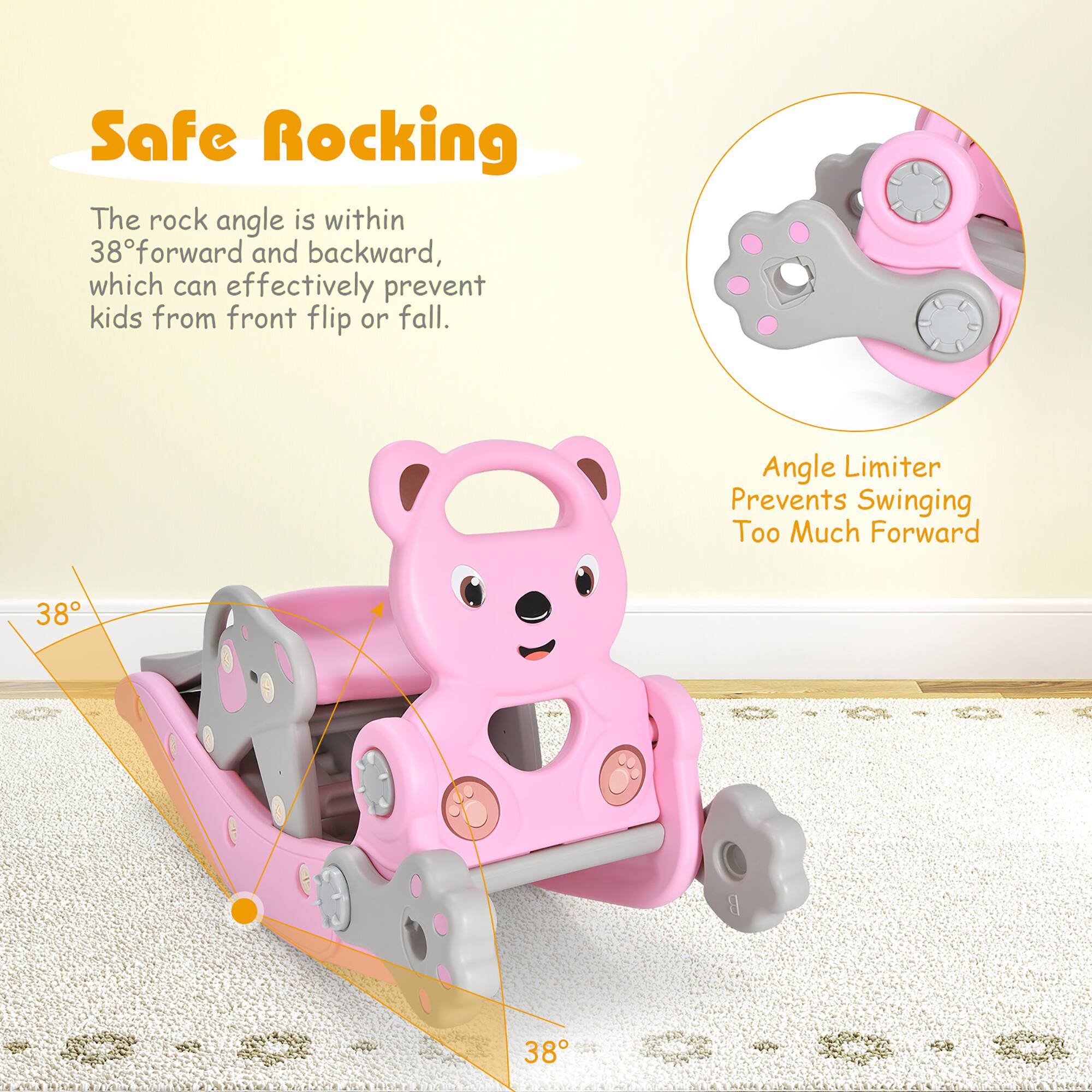 Safe Rocking

The rock angle is within 38° forward and backward, which can effectively prevent kids from front flip or fall.

Angle Limiter Prevents Swinging Too Much Forward